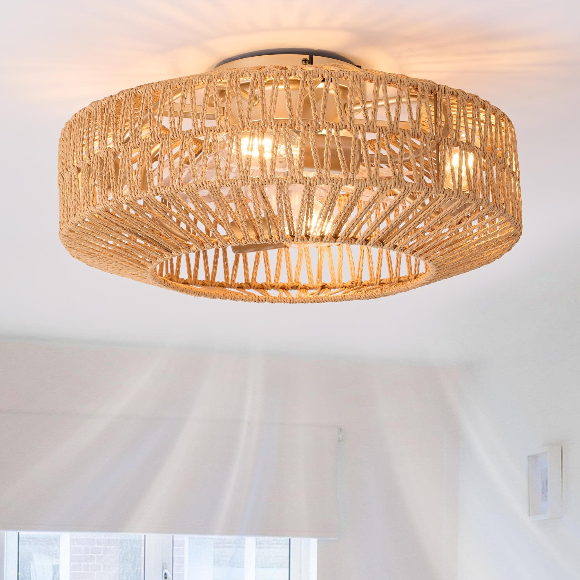 20" Woven Caged Low Profile Bladeless Ceiling Fan with Light and Remote, Farmhouse Flush Mount Boho Ceiling Fans Light, Enclosed Industrial Ceiling Fan 6 Speed Reversible w/ 4 E26 Bulb Base