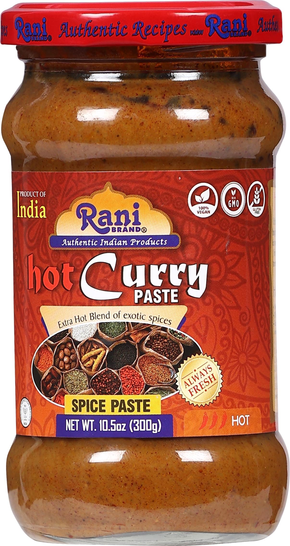 Rani Curry Paste HOT (Spice Paste) 10.5oz (300g) Glass Jar ~ No Colors | All Natural | NON-GMO | Kosher | Vegan | Gluten Free | Indian Origin