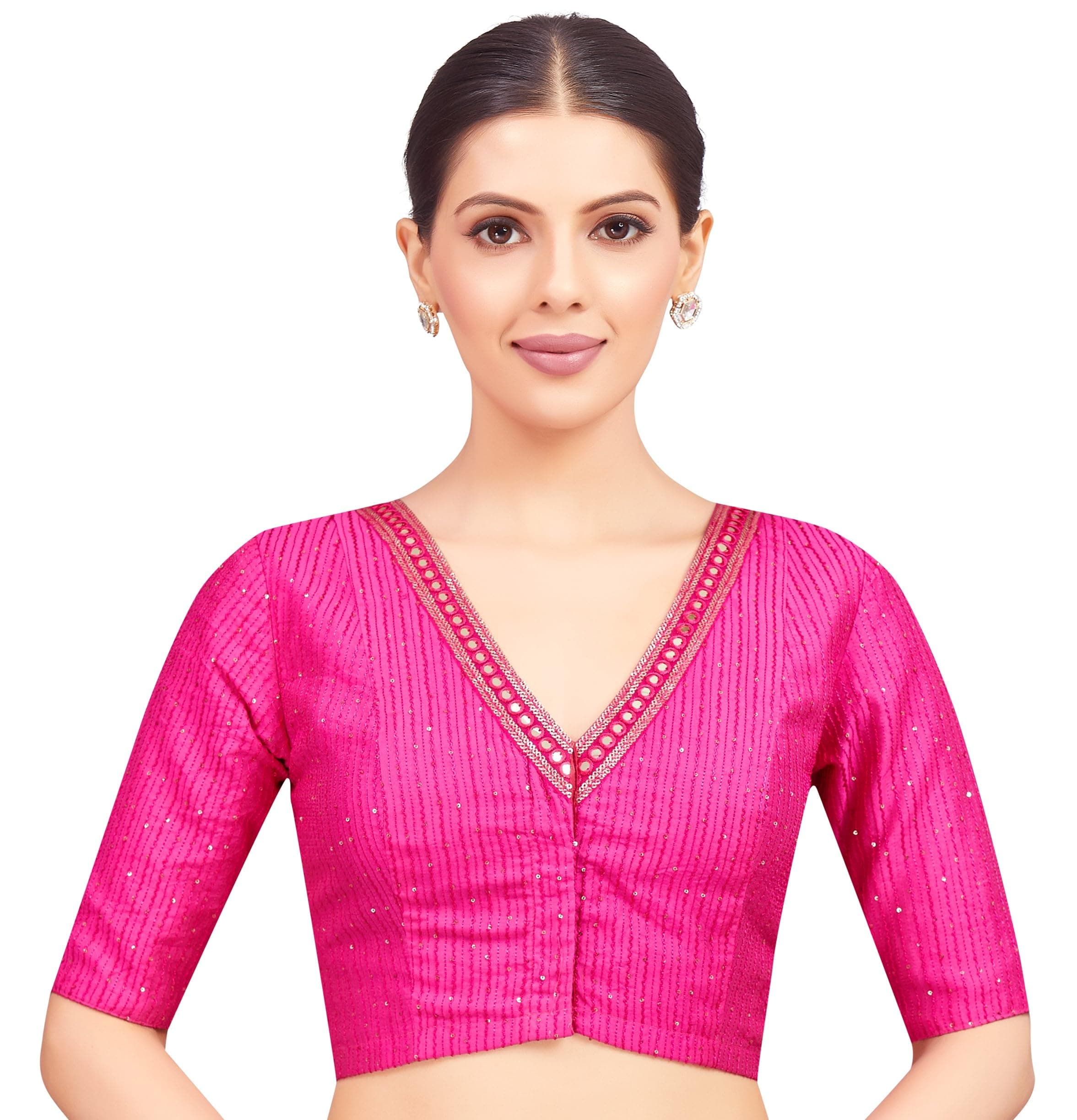 Studio Shringaar Women's Readymade Polyester Elbow Length Sleeves Saree Blouse with Mirror Work