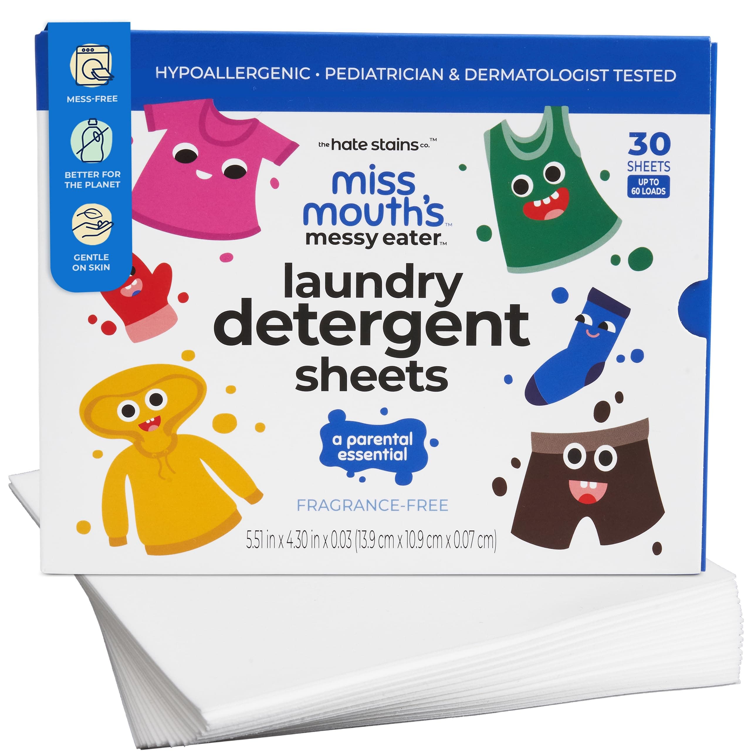 Messy Eater Laundry Detergent Sheets - Laundry Detergent, Hypoallergenic, Sensitive Skin Safe, Pediatrician and Dermatologist Tested, Fragrance Free, Travel Friendly