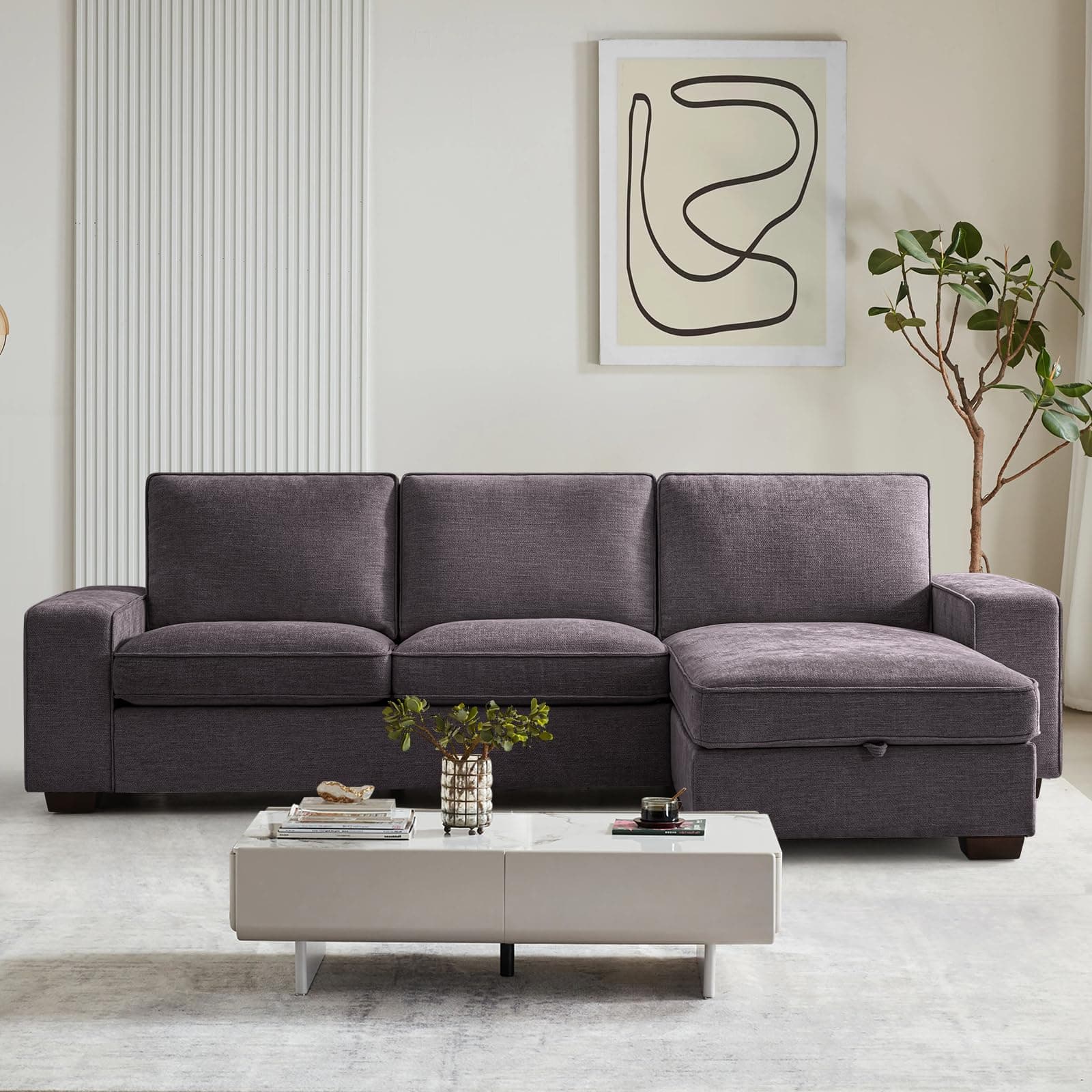 COHOME100" L-Shaped Couch with Storage, Chenille Upholstered Deep Seat Couch for Living Room, Sofa with Reversible Chaise, Removable Covers, 3-Seater Apartment Sofa with Charge Ports,Dark Grey