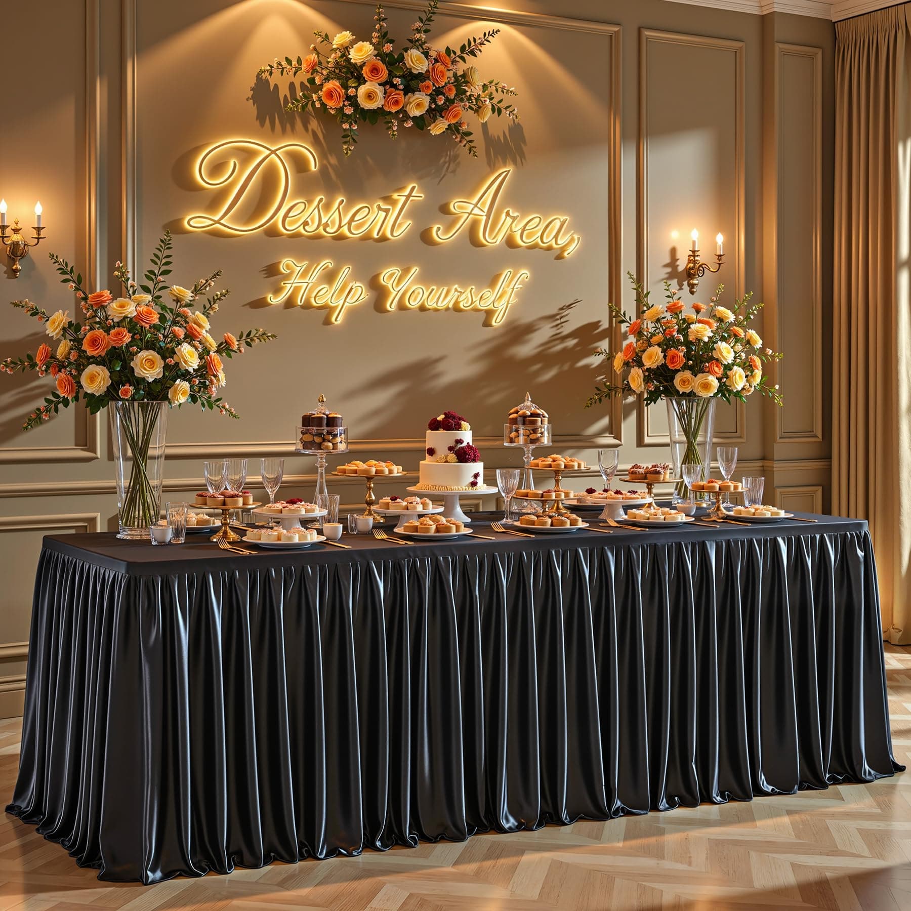 6ft Black Satin Tablecloths Rectangular - Shiny Spandex Party Table Cover with Pleated Table Skirt, No-Wrinkle & Glossy Wedding Tablecloth One-Piece for Birthday Baby Shower Banquet Ceremony & Events