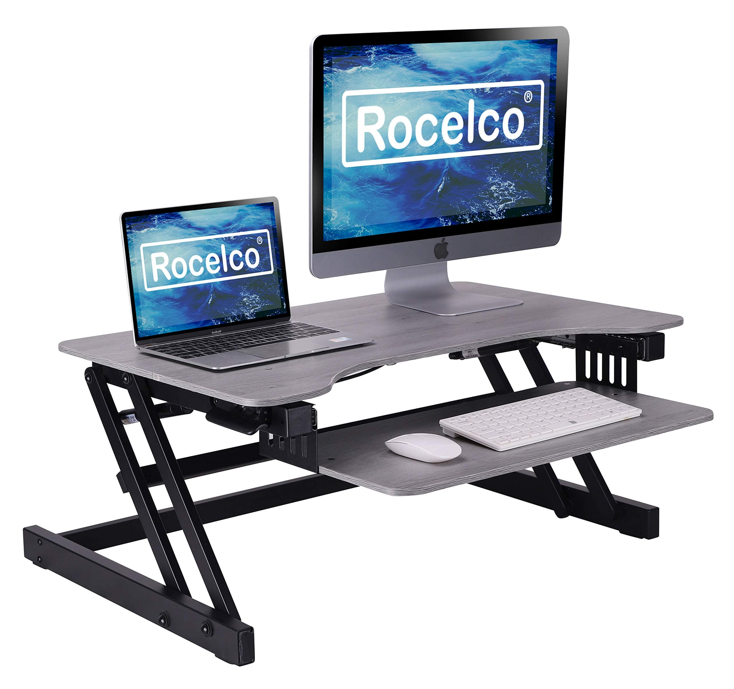 Rocelco 32" Height Adjustable Standing Desk Converter - Quick Sit Stand Up Dual Monitor Riser - Gas Spring Assist Tabletop Computer Workstation - Large Retractable Keyboard Tray - Grey (R ADRG)