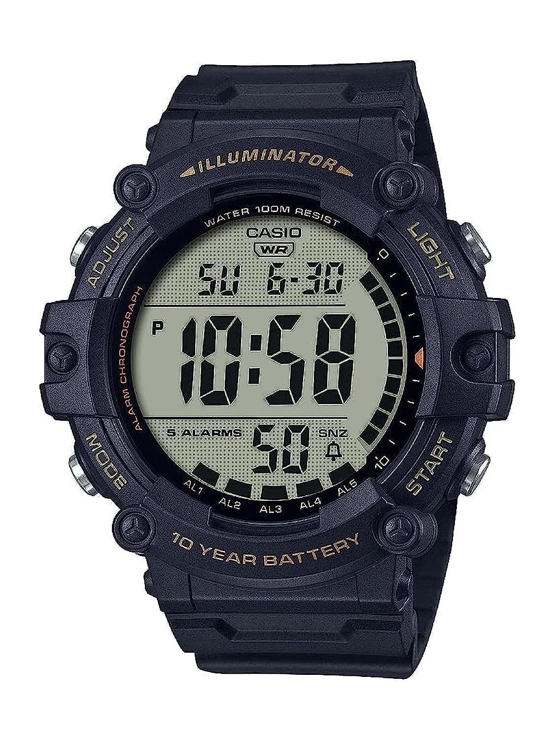 Illuminator Extra Long Strap 10-Year Battery 100 M Water Resistant 5-Alarm w/Countdown Timer Men's Digital Watch, Black, AE-1500WHX-1AVCF, Black, Sport