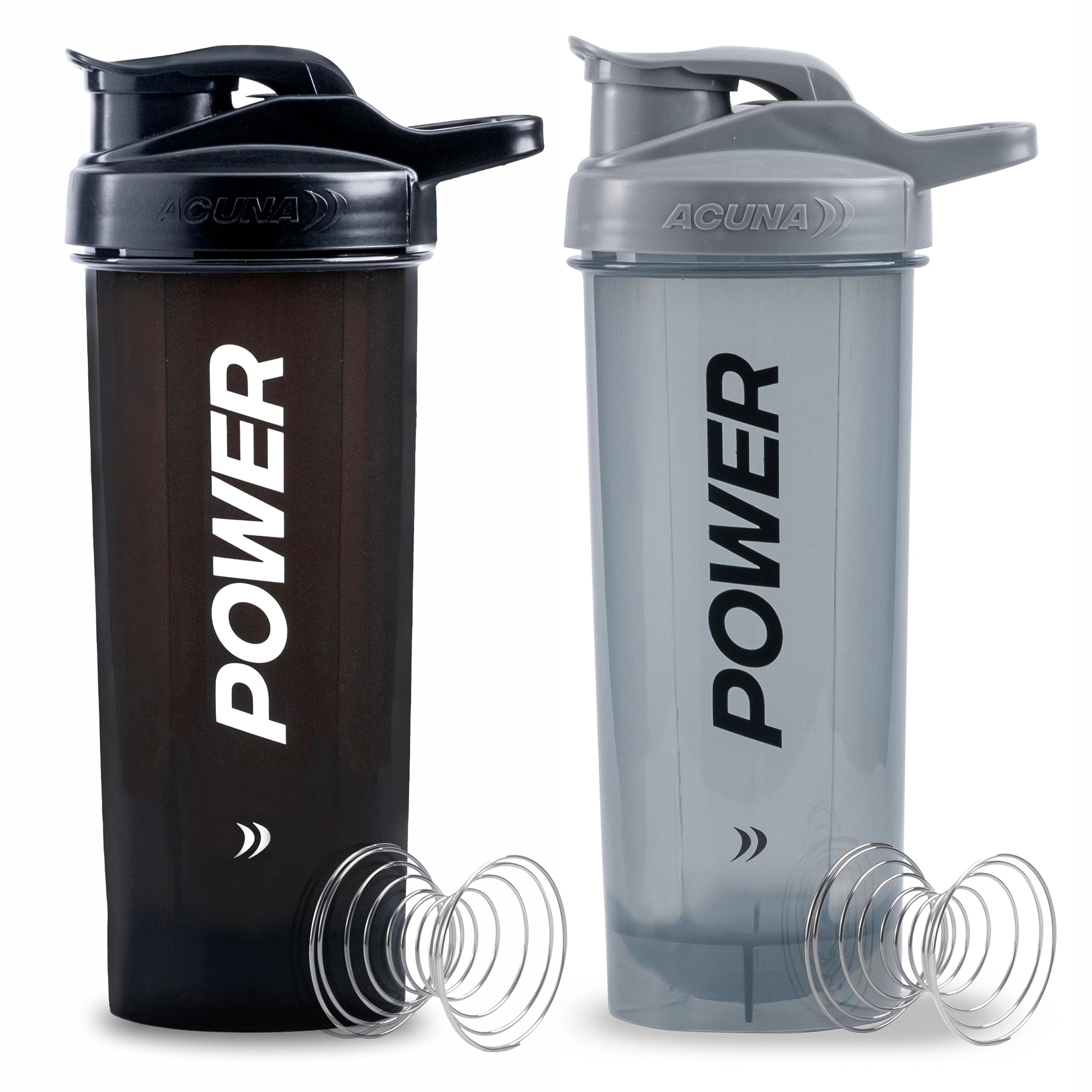 ACUNA POWER Protein Shaker Bottle For Protein Powder 700 ml (Pack Of 2) With Mixer Ball, BPA Free Leak Proof, Flip Cap, Sports Gym Supplement Powder Shake Bottle (Black-Grey)