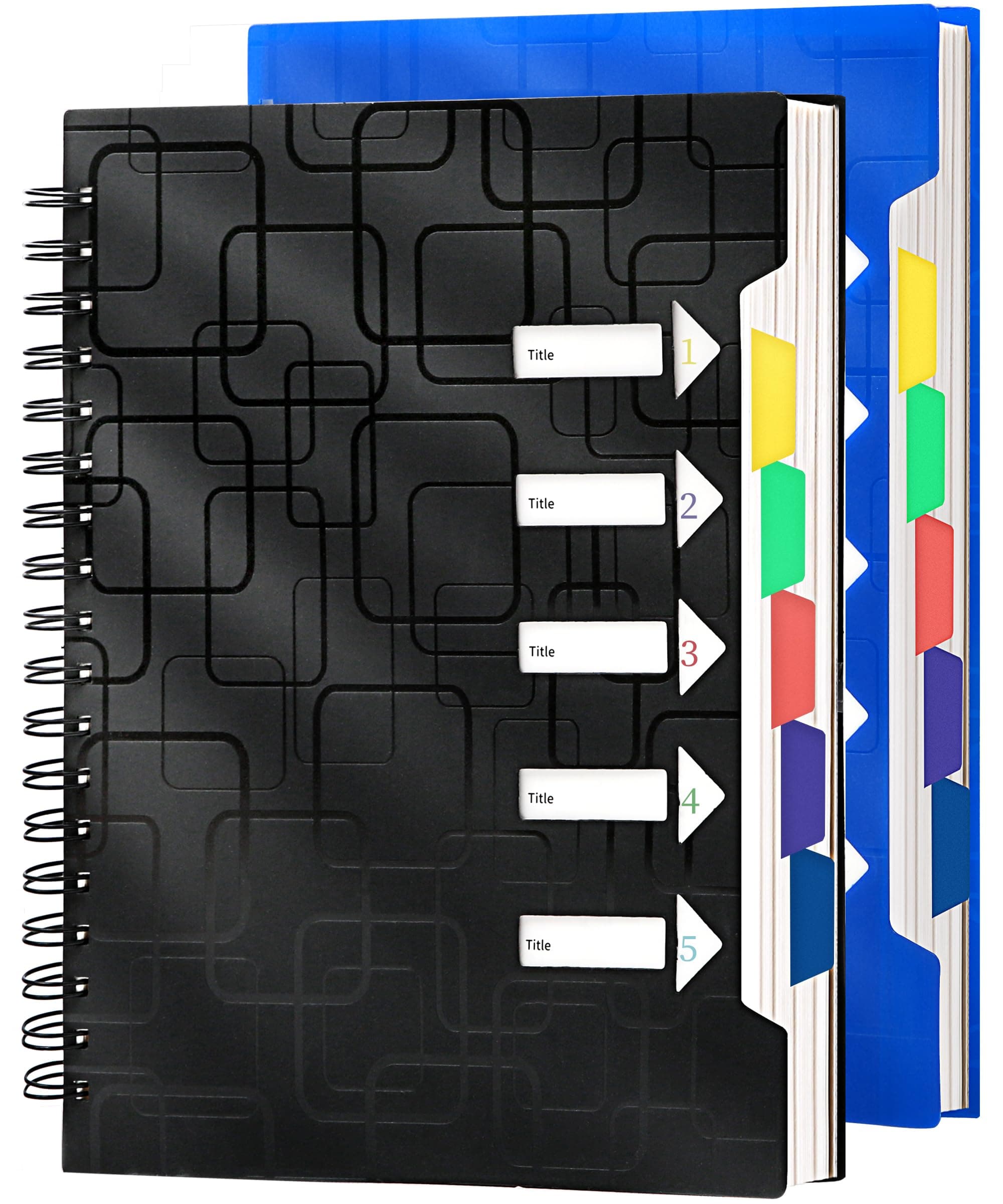 CAGIE 2 Pack Spiral Notebooks College Ruled Total 480 Pages 5 Subject Notebook with Tabs Dividers A4 Notebooks for Work Organization Note Taking School, Black& Blue, 8.5x11