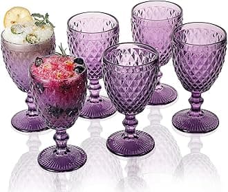 1500° C TABLETOP Purple Colored Goblet Glasses 10 oz. set of 6 Water Goblets Vintage Glassware Embossed with Diamond Pattern for Iced Tea Beverage for Party and Wedding