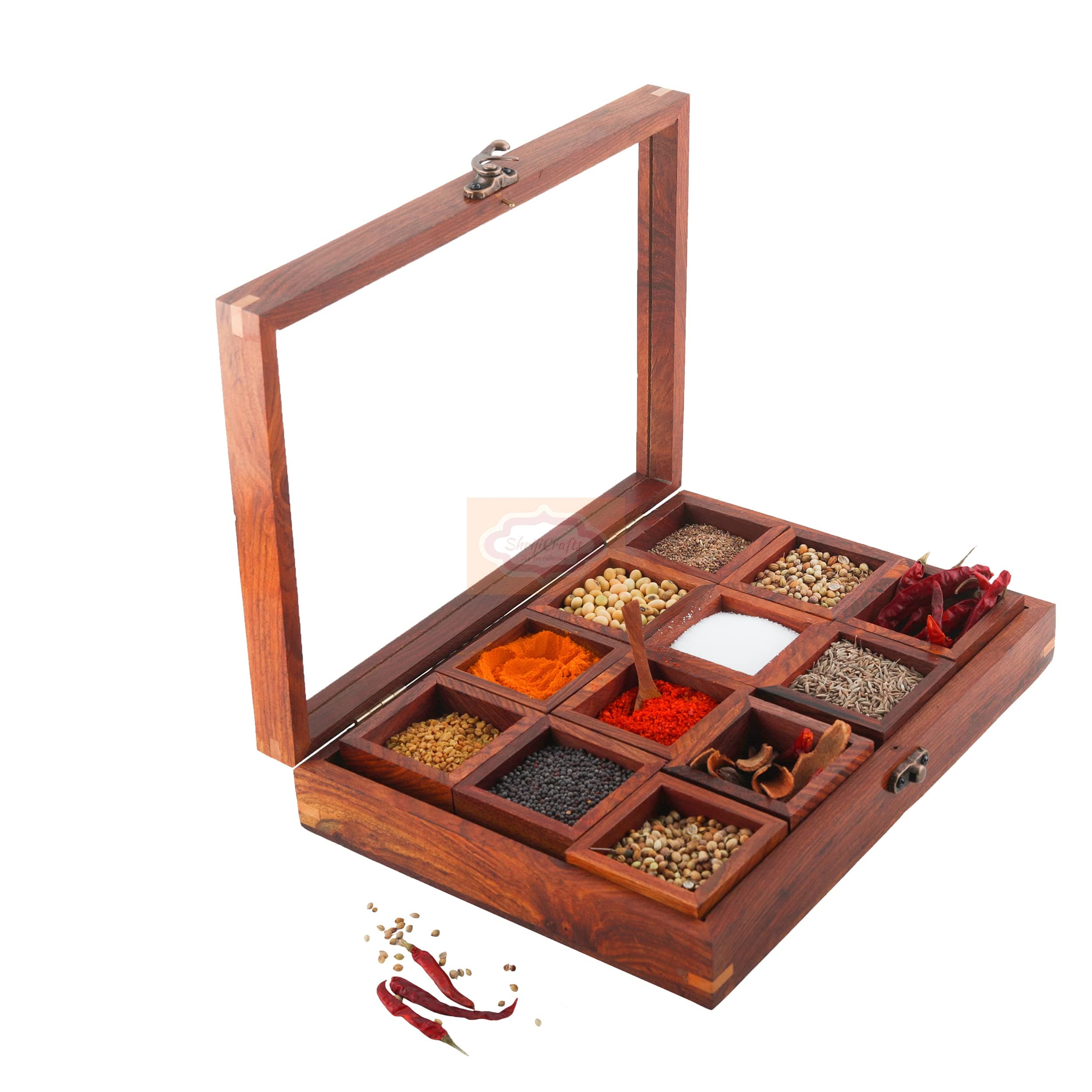 Ortus Wooden 12 Container Spice Box with Spoon | Multipurpose Masala Daani Dabba Set for Kitchen | Decorative Wood Masala Box and Spice Holder
