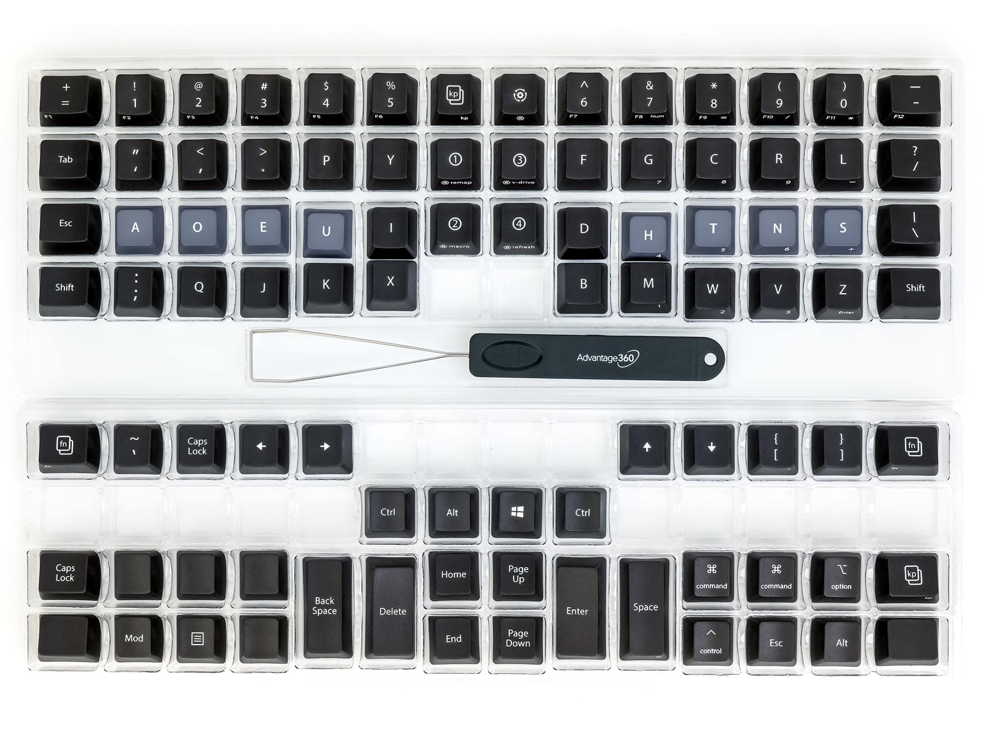 Advantage360 Dvorak Black Keycap Set - PBT Plastic | Dye-Sublimated Legends | 92 Key Set | Logo Keycap Puller