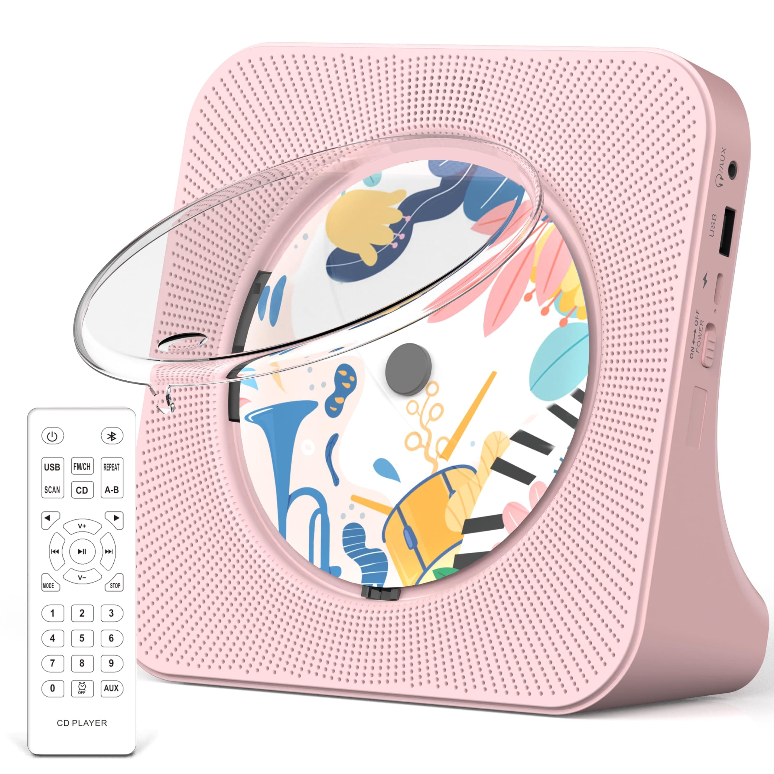 Greadio Portable CD Player with Bluetooth 5.0, Desktop CD Players for Home, CD Music Player with Speakers, Remote Control, Dust Cover, FM Radio, LCD Display, AUX, USB, Headphone Jack, Pink