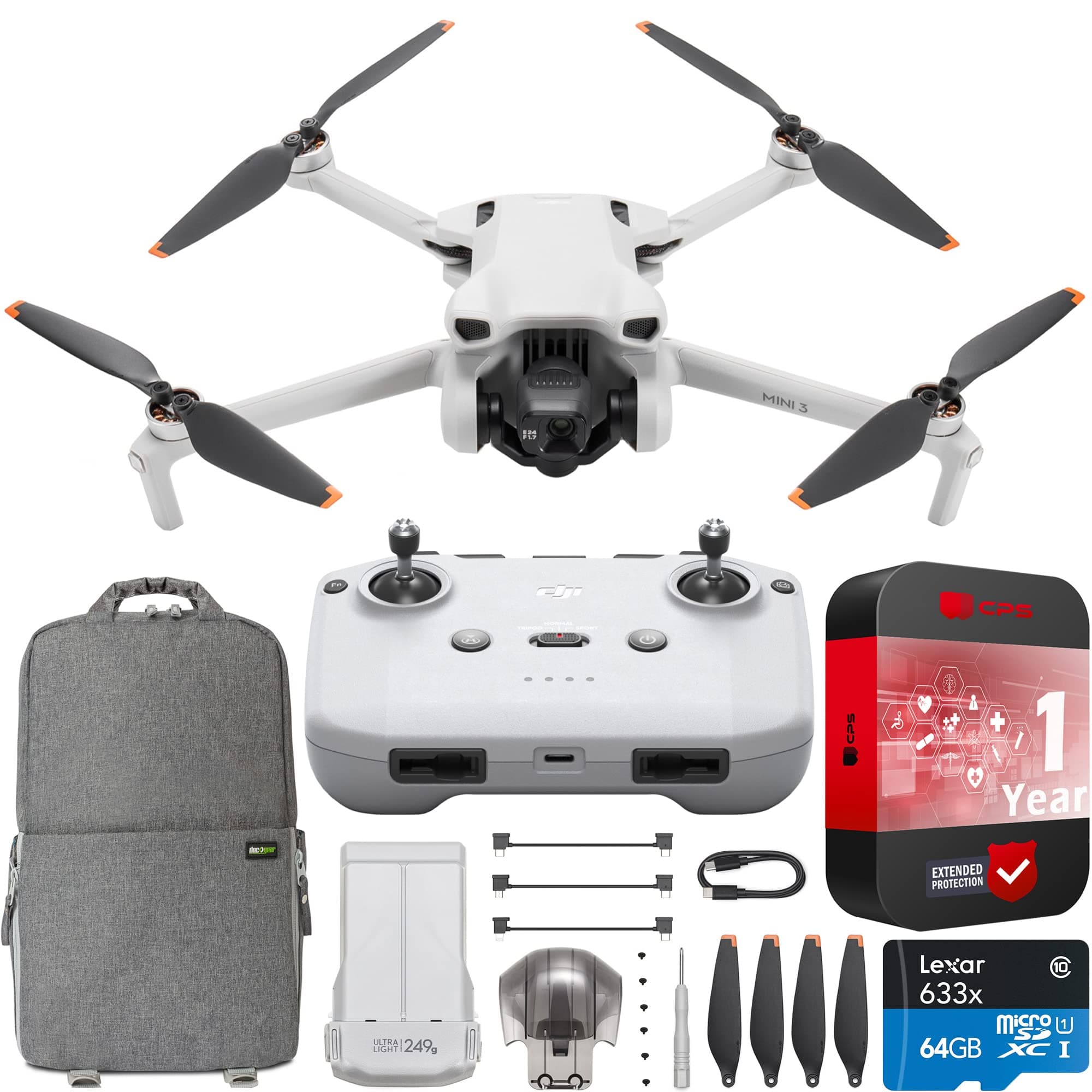Mini 3 Camera Drone Quadcopter with RC-N1 Remote Controller (No Screen), 4K Video, 38min Flight Time, True Vertical Shooting, Intelligent Features Bundle with Deco Gear Backpack + Accessories