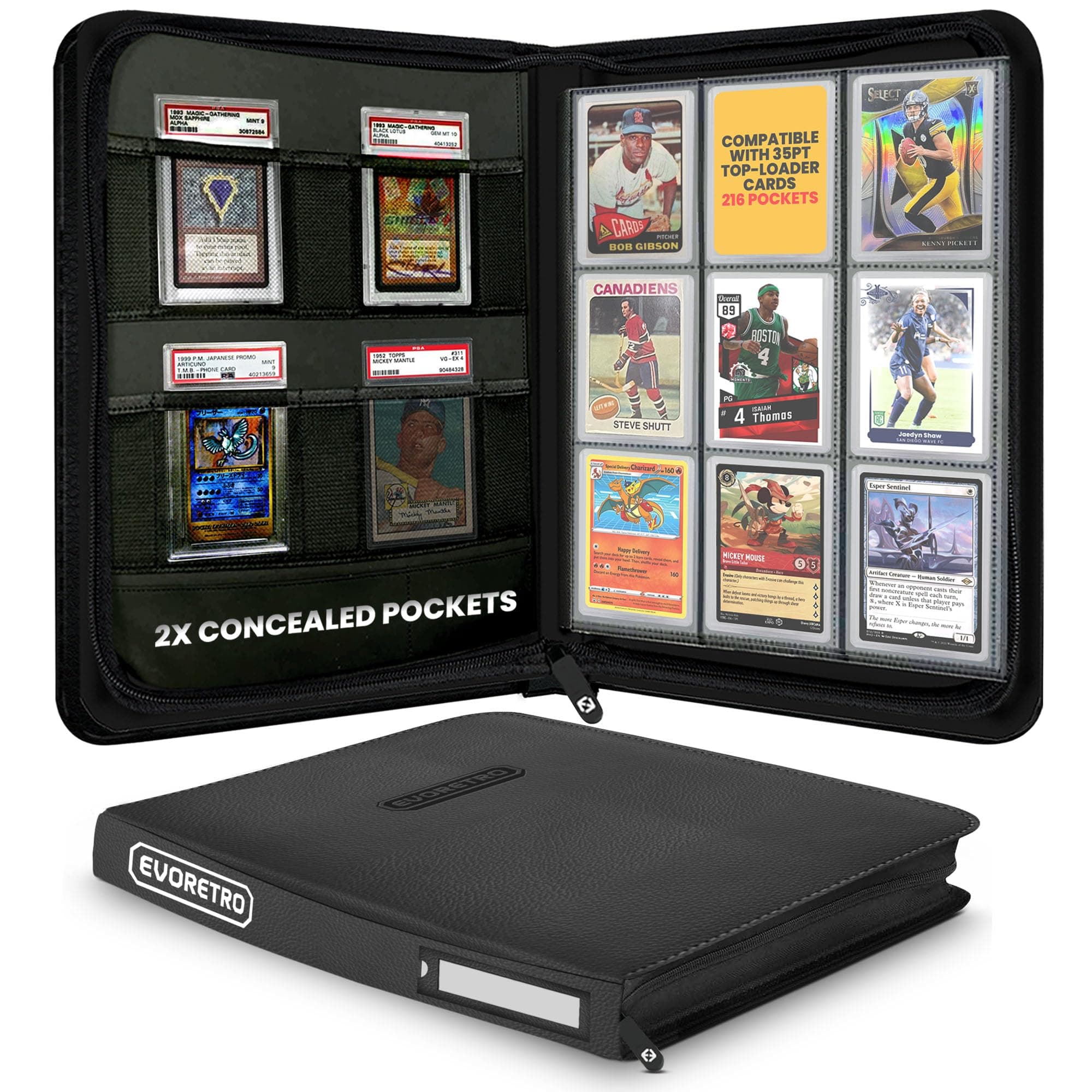 Toploader Binder - 35pt-55pt 3"x4" Black Portable Top Loader Card Storage, 9 Pocket Card Binder, 216 Slots Rigid Card Holder, 4 PSA Slab Pocket, Lorcana, Pokémon, MTG, Baseball Card Binder,