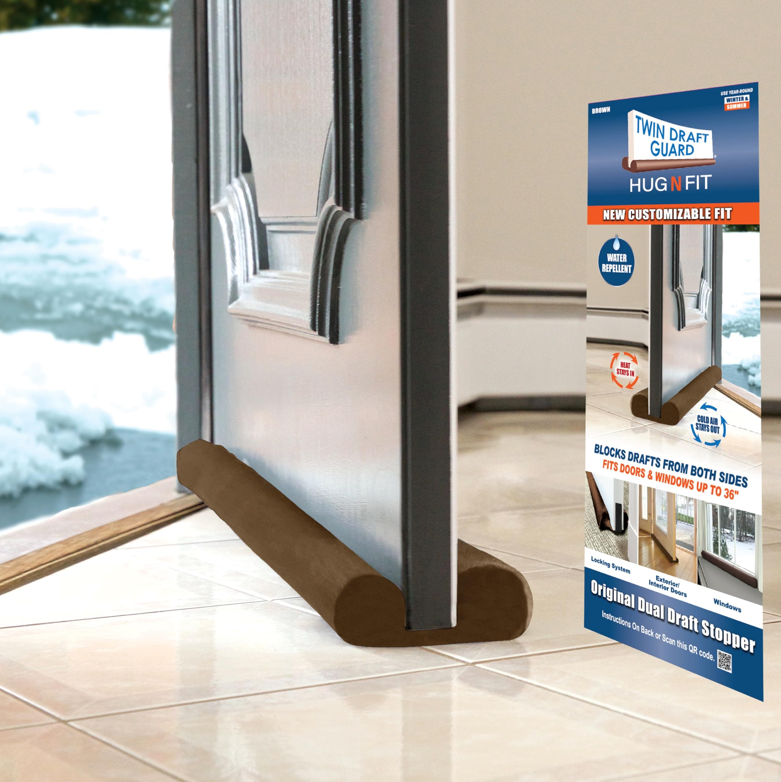 Twin Draft Guard Hug N Fit, Original Dual Draft Stopper Instantly Blocks Air from Entering, Water Repellent, Fits 28”-36” Length with 2” Energy Saver Tube