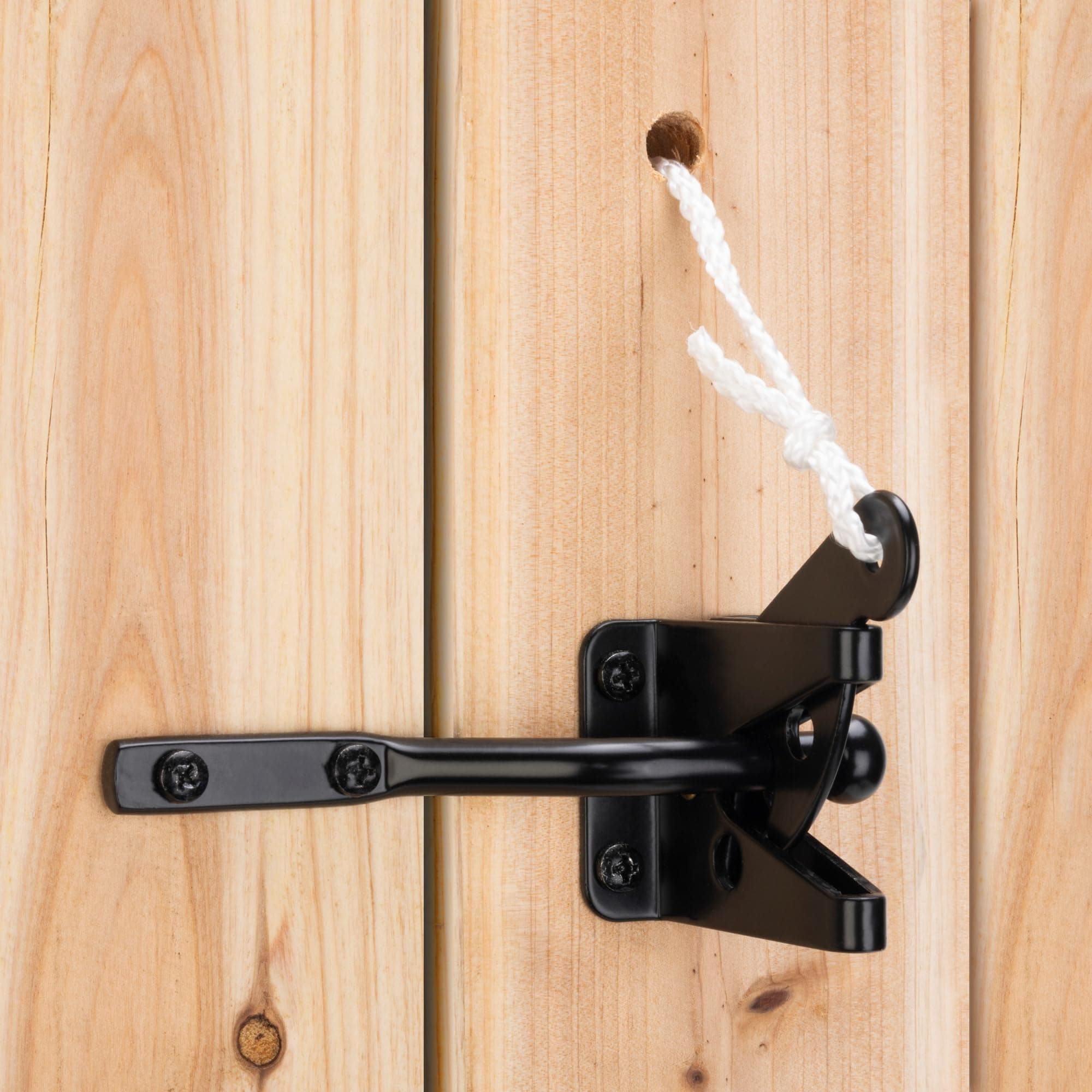 Self Locking Heavy Duty Gate Latch Automatic Gravity Lever for Wooden Fence with Longer Fasteners, Door Latches with Pull String, Steel, Black