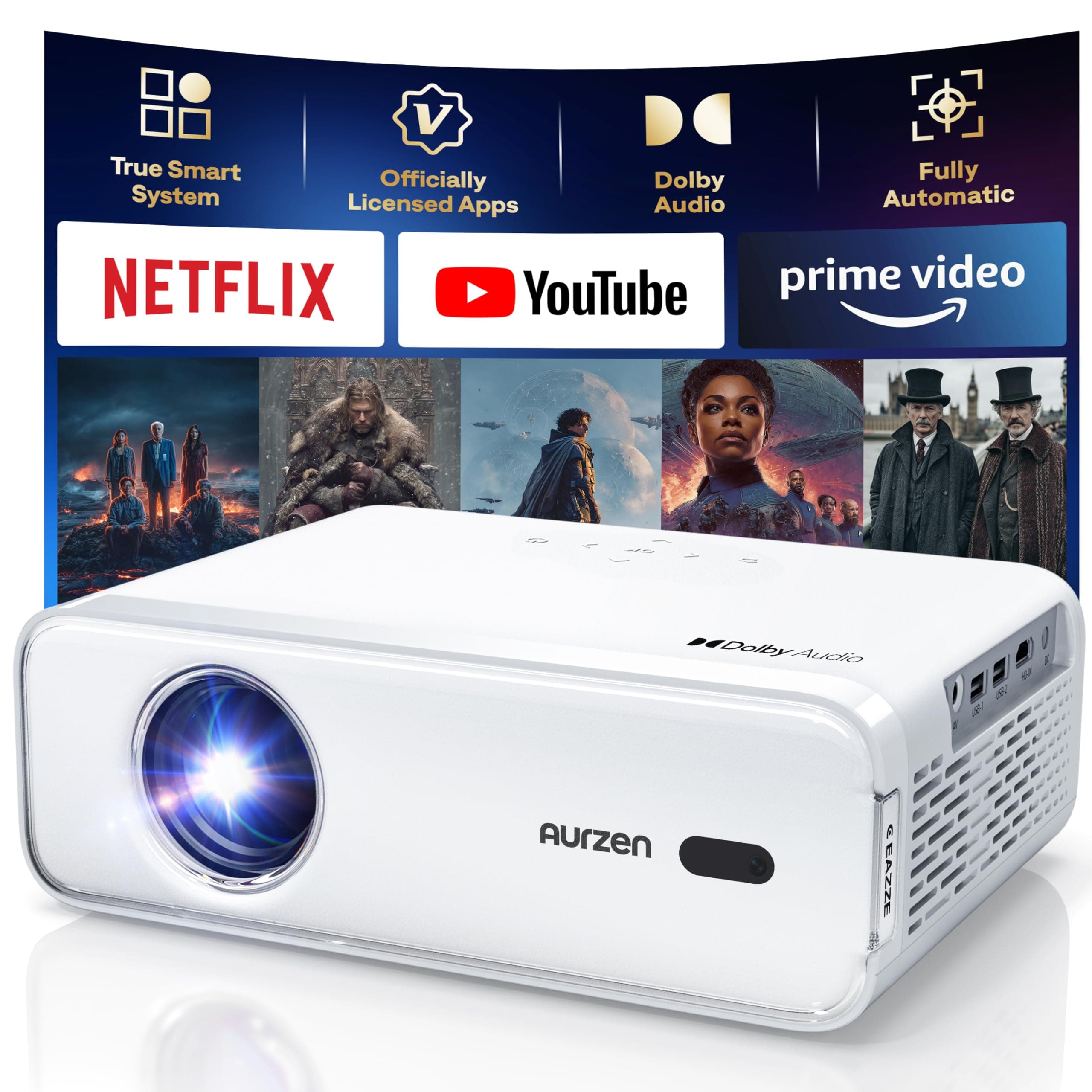 EAZZE D1 Smart Projector with WiFi and Bluetooth, Officially-Licensed APP, Auto Focus/Keystone, DoIby Audio 16W Speakers, Native 1080P, HDR10, 4K Support, Portable Mini Outdoor Movie Projector