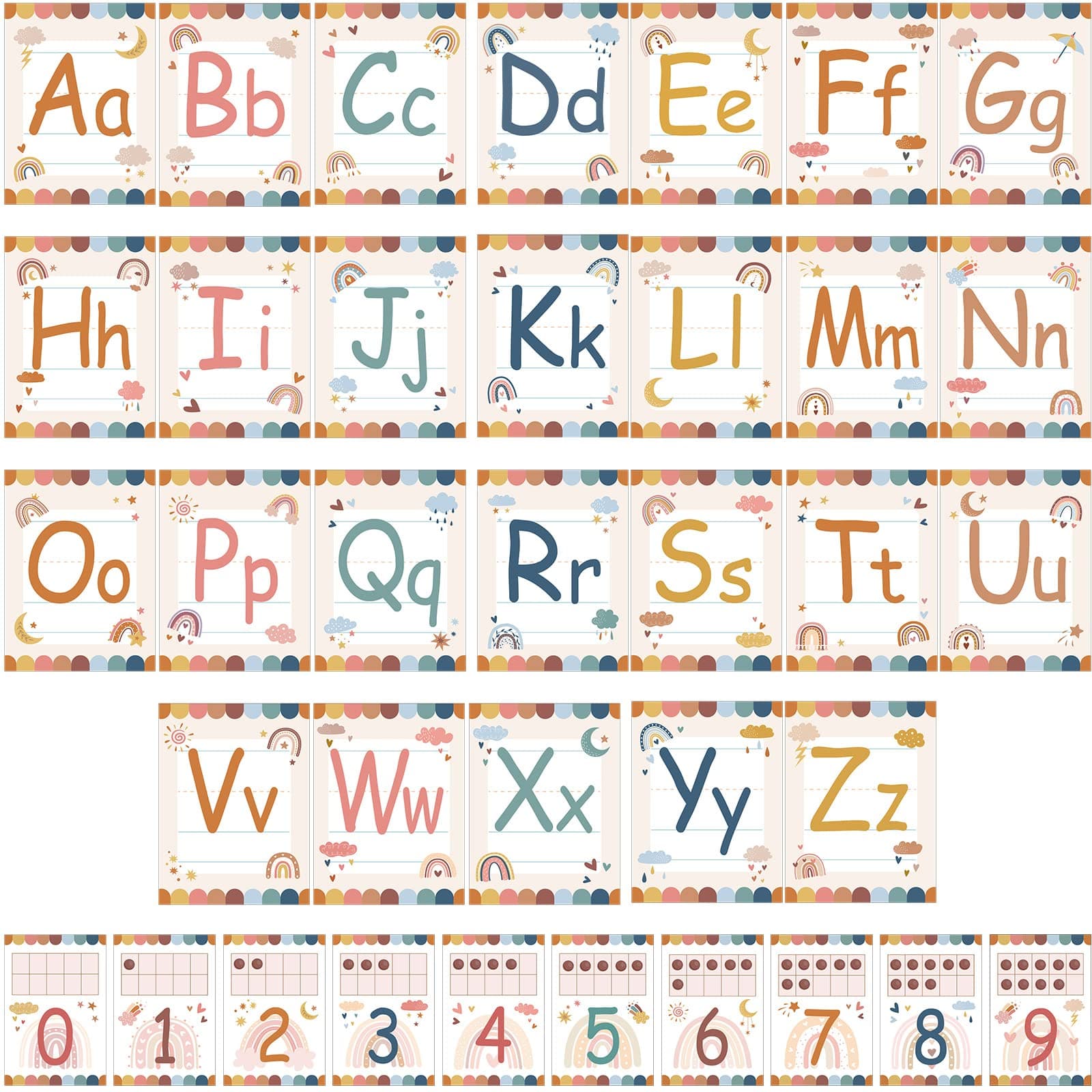36 Pcs Boho Alphabet Number Bulletin Board Set Rainbow ABC Alphabet Card and 0-9 Number Card Classroom Decorations for Teachers Wall Decorations for Preschool Kindergarten Classroom (Pastel Colors)