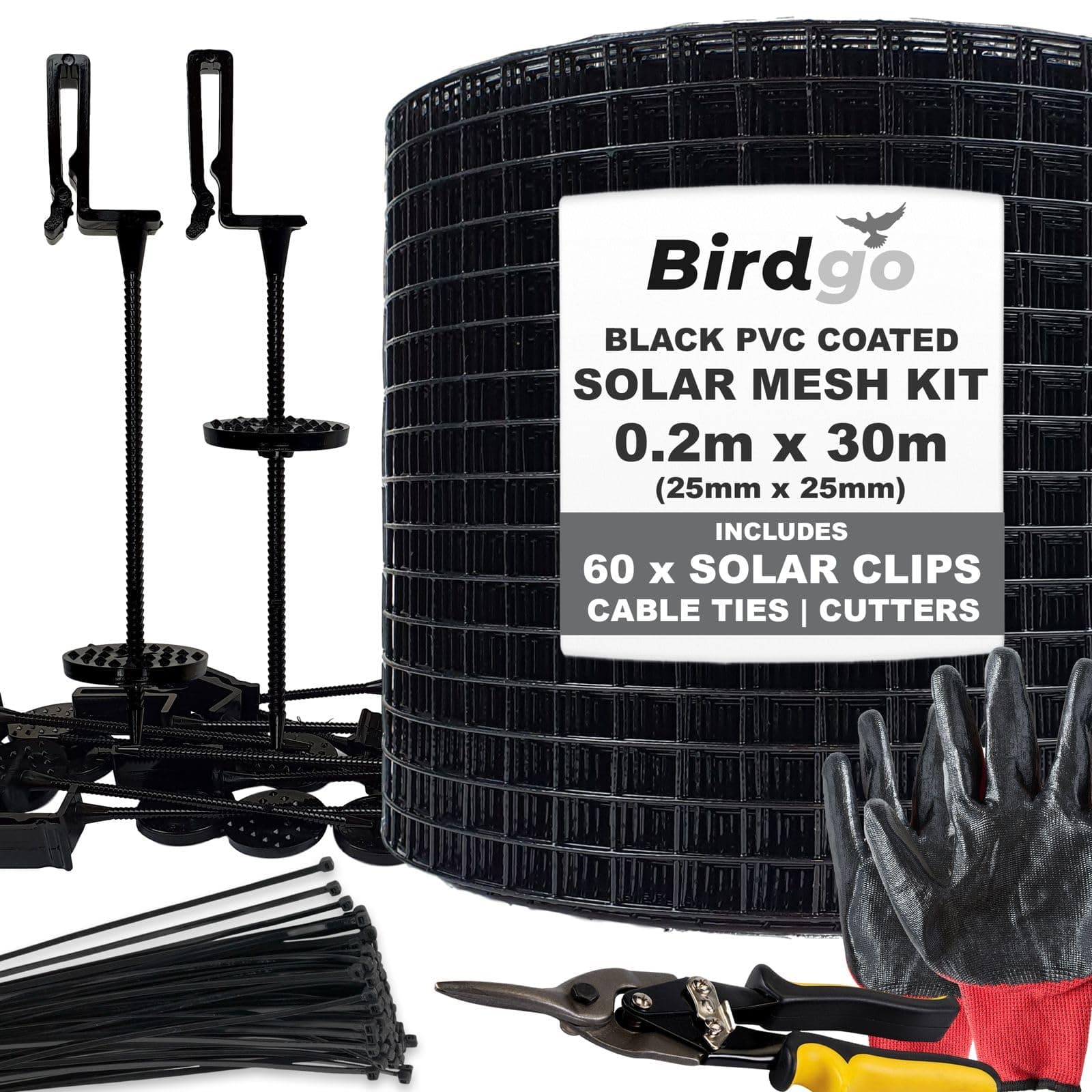Bird Proofing Mesh & 60 Fixing Clip Kit for Control & Prevention of Pigeons Nesting Under Roof Solar Panels (Black PVC 30m)