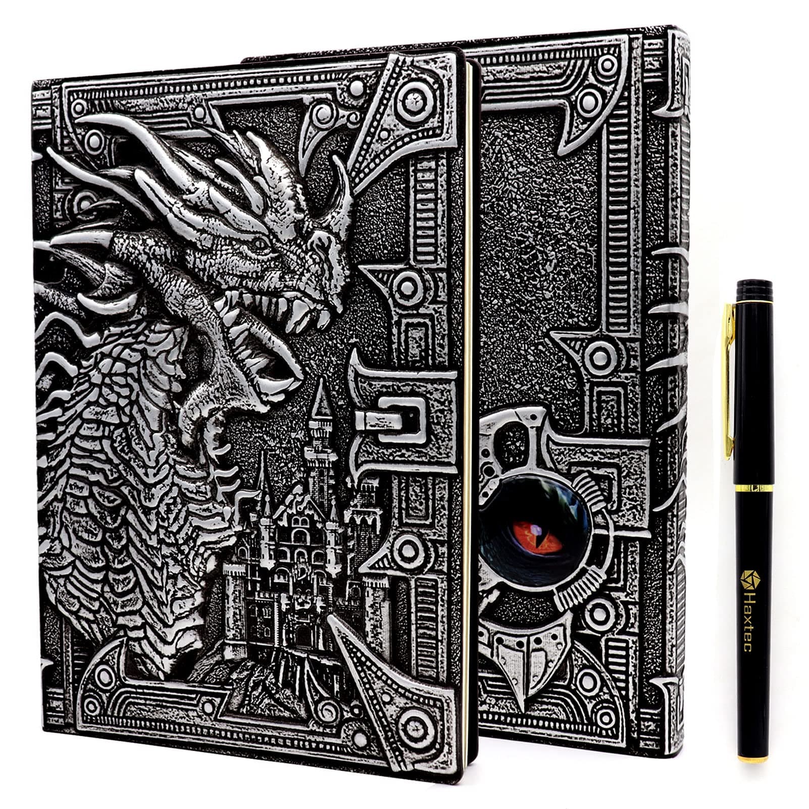 Haxtec DND Notebook 3D Embossed Silver Dragon Leather Cover Campaign Journal Writing Notebook W/ Pen, Fantasy Vintage Journal for TTRPG Dungeons and Dragons GM & Player Gifts A5 Antique Iron Silver