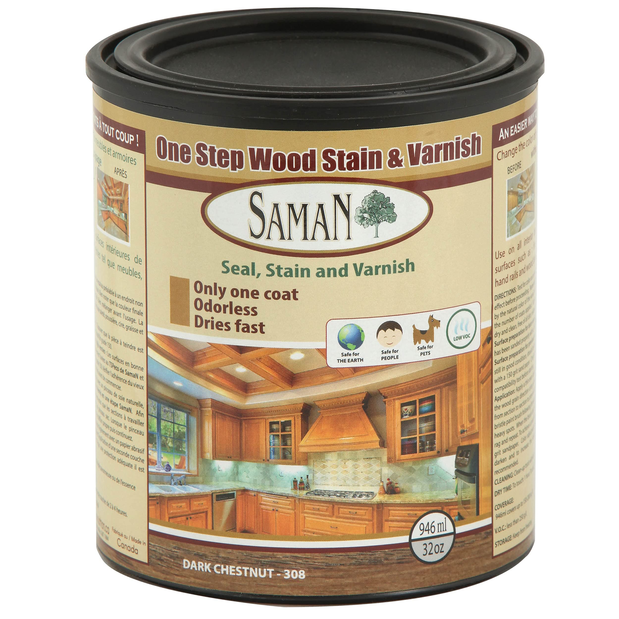 SamaN SAM-308-1L 1-Quart Interior Stain for Fine Wood for Seal, Stain and Varnish, Dark Chestnut