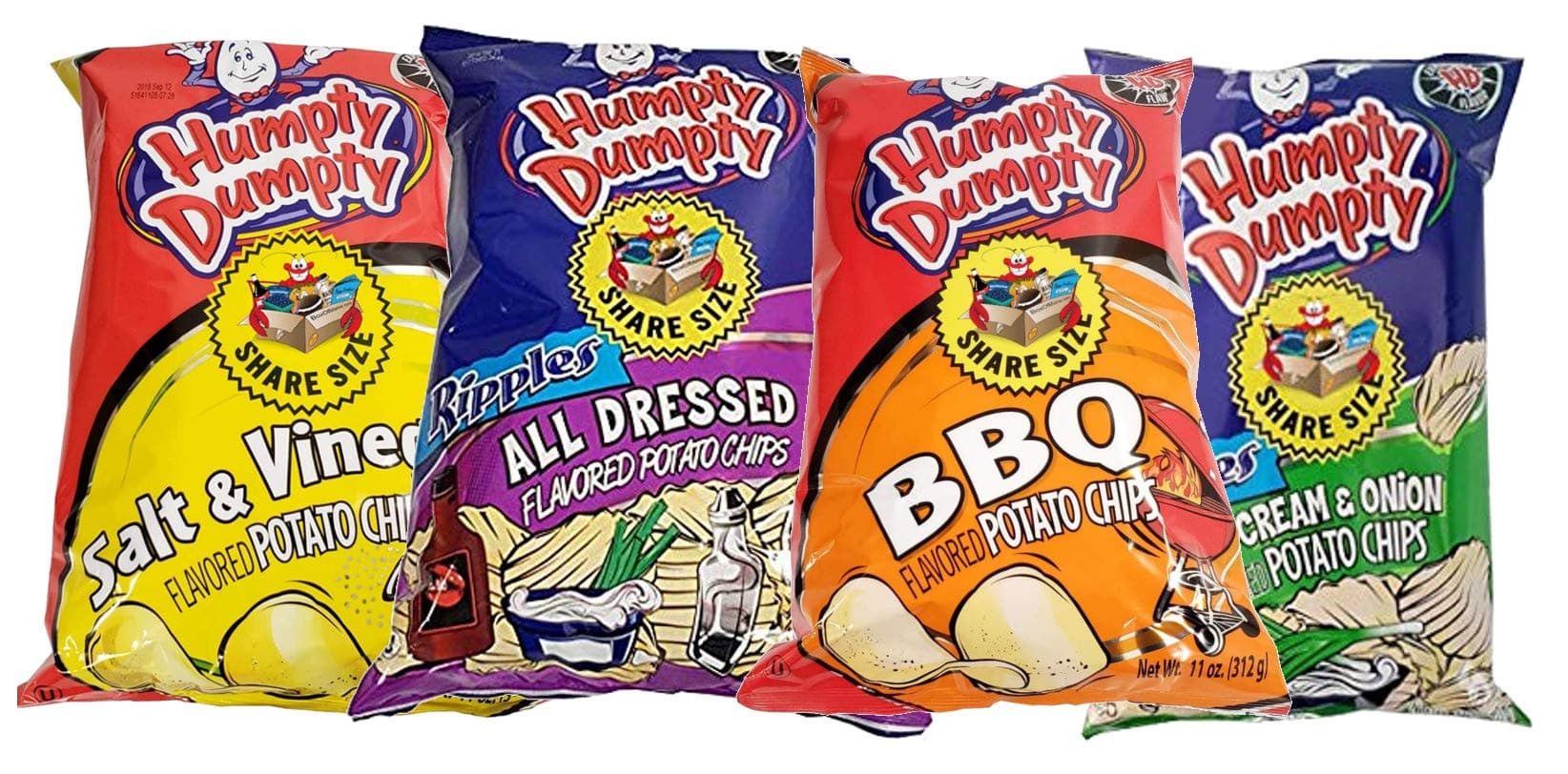 Humpty Dumpty Potato Chips, 9 Ounce, 4 Count, Assorted (BBQ, All Dressed, Sour Cream and Onion, Salt and Vinegar)