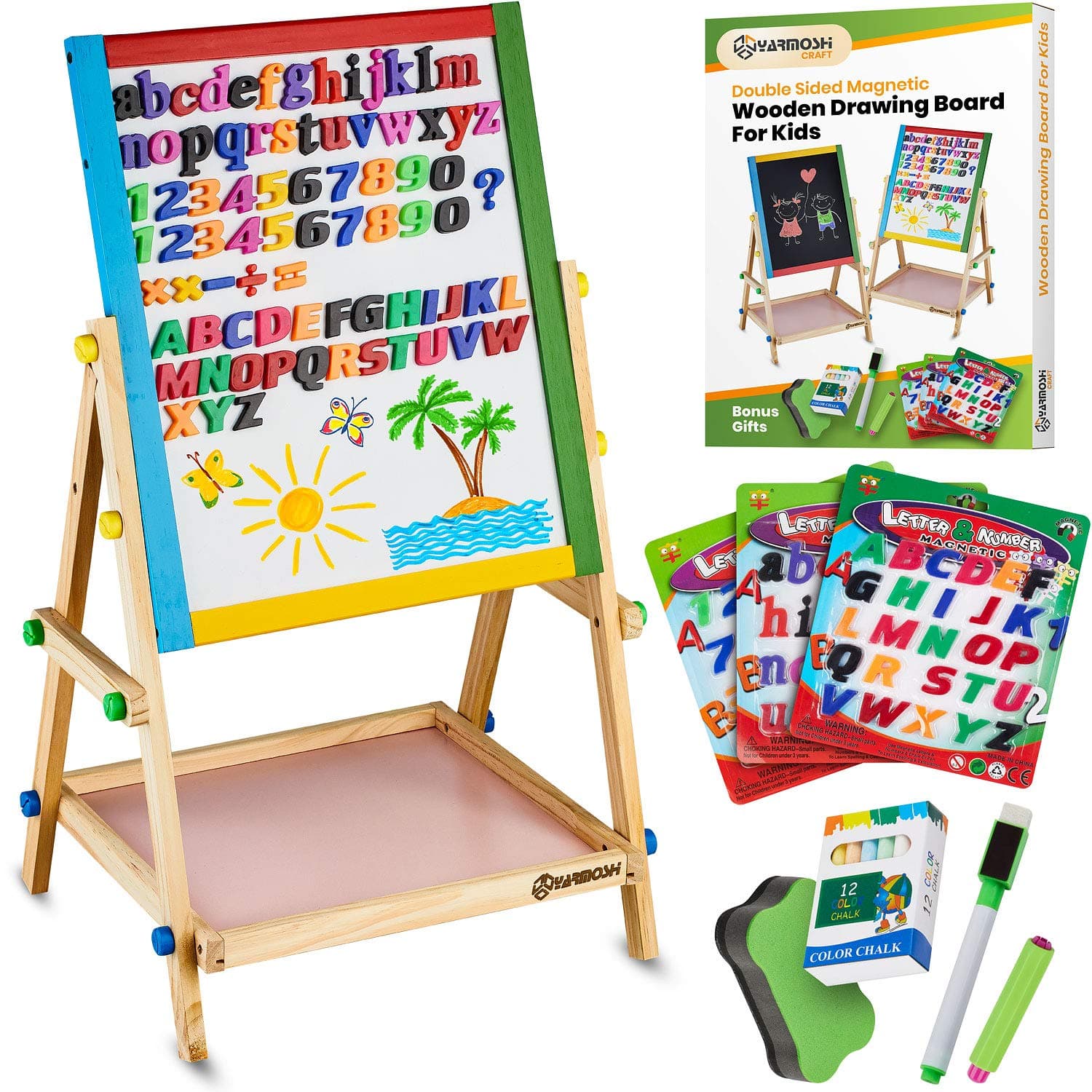 My First Wooden Drawing Board Easel Double Sided Adjustable | Chalk Blackboard & White Dry Erase Surface, Magnetic Sponge, Marker Pens, Chalks & Bottom Tray | Learning Play for Toddlers!