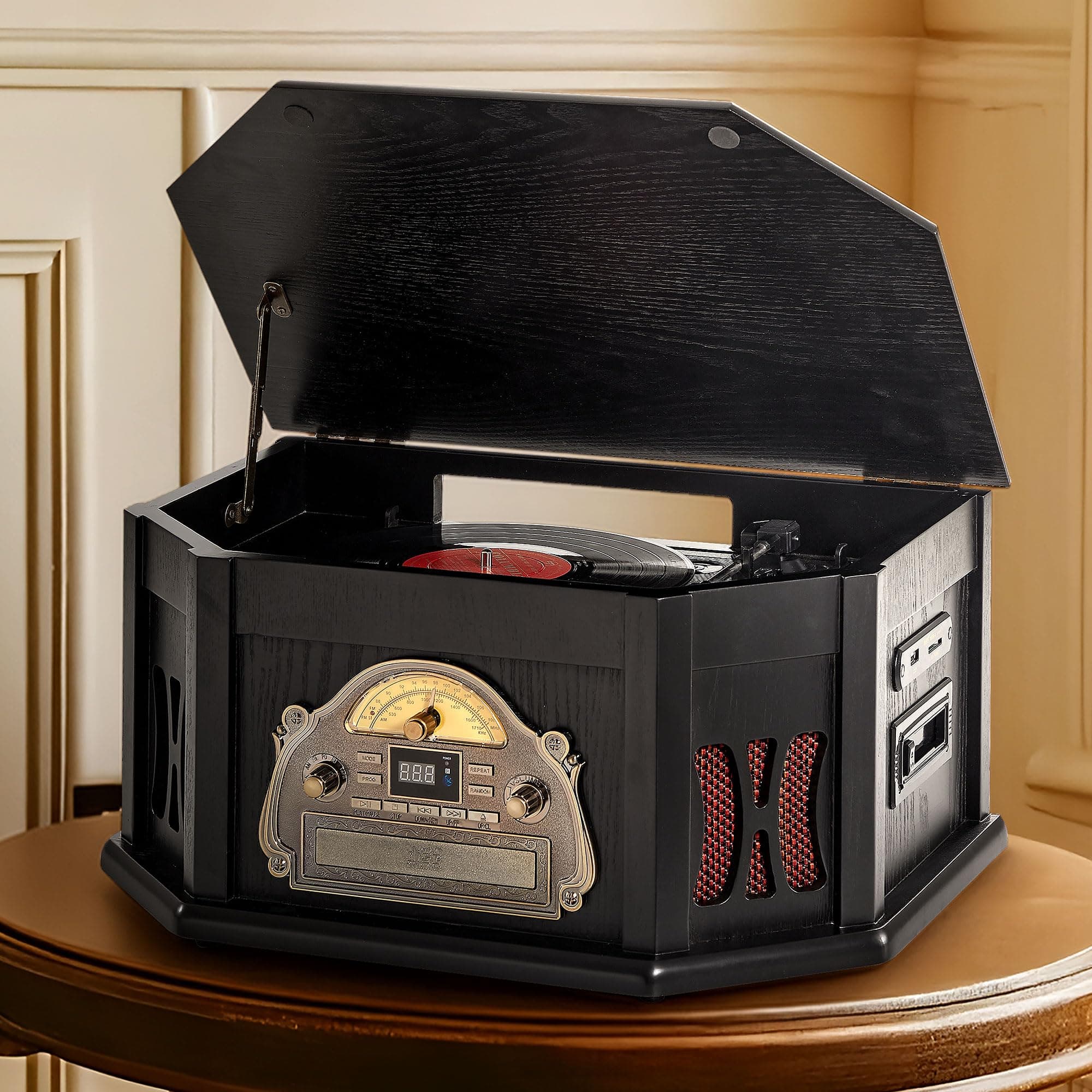 ORCC 10-in-1 Record Player, Nostalgic Turntable for Vinyl Record with Bluetooth, 2 Built-in Speakers, CD, Cassette, AM/FM Radio, USB, SD Slot, Remote Control