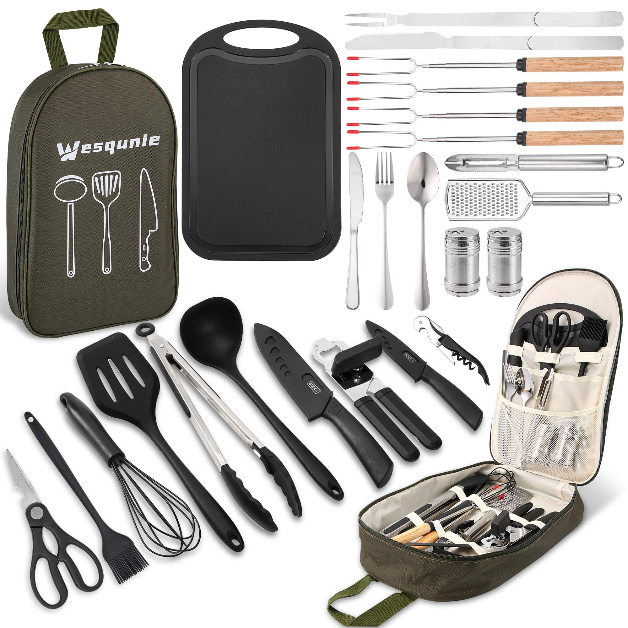Camping Cooking Essentials Utensils Set - Camp Cookware Kitchen Accessories Kit, Camper Gear Must Haves, Stainless Steel & Silicone, RV Car Portable Outdoor Equipment Tool
