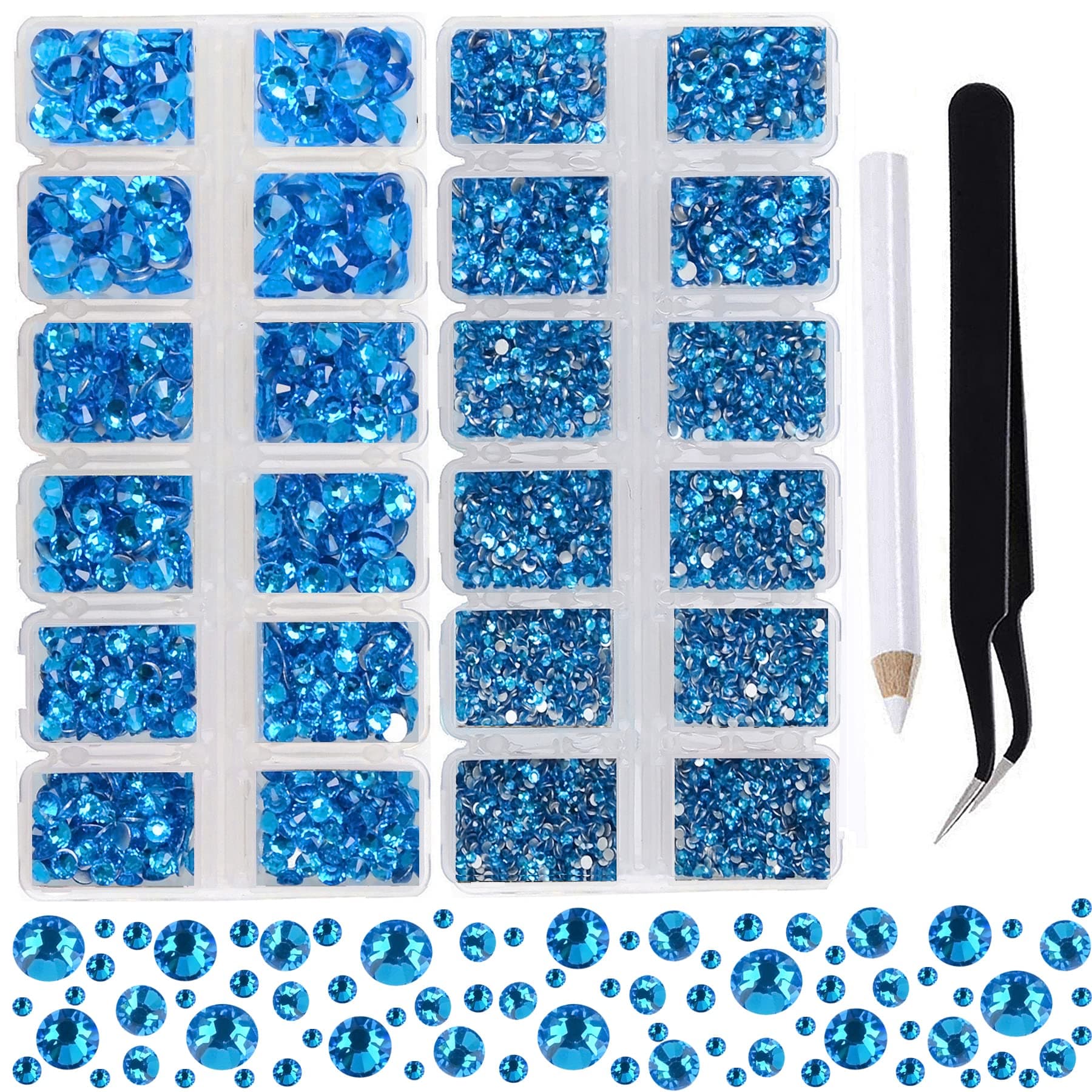 2-Box Massive Beads 8000pcs 6Sizes Nail Art Flatback Glasses Rhinestones Crystal for DIY Project with Tweezers and Picking Pen for Bags, Shoes, Clothes and Manicure (Capri Blue, 6 Sizes)