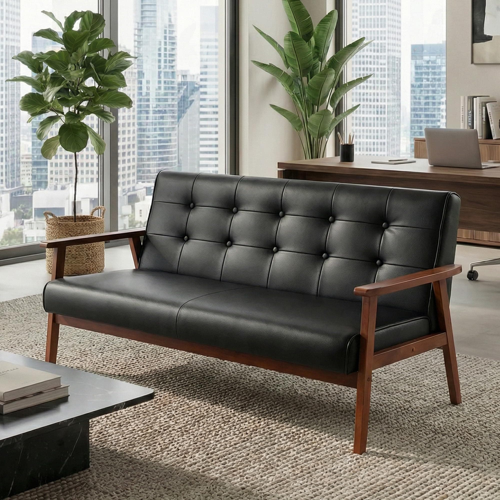 JIASTING Mid-Century Modern Solid Loveseat Sofa Upholstered Faux Leather Couch 2-Seat Wood Armchair Living Room/Outdoor Lounge Chair, Waiting Room Sofa, 50”W