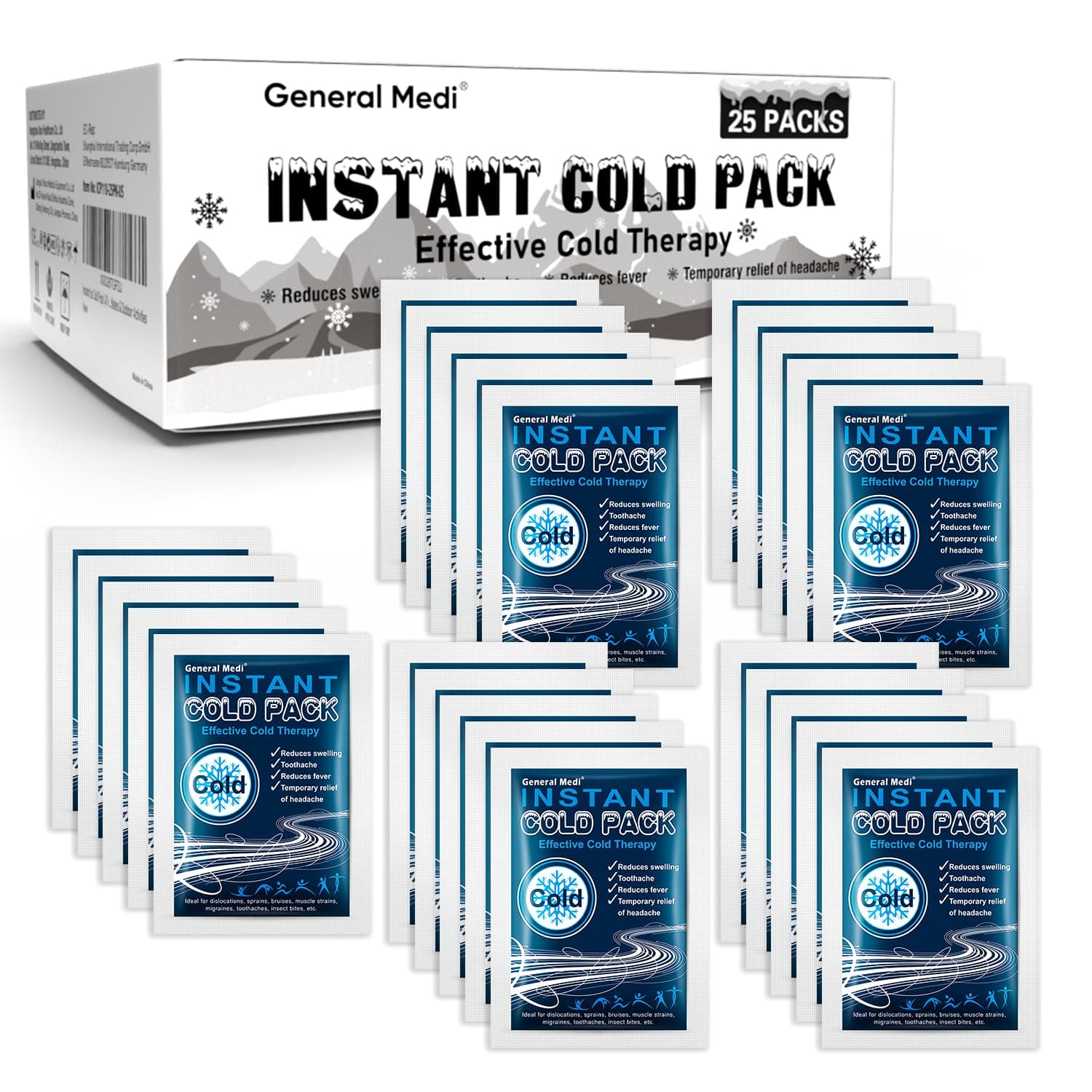 General Medi Instant Ice Cold Pack (4”X 5.5”) – 25 Packs Disposable Therapy For Pain Relief, Swelling, Inflammation, Sprains, Toothache Athletes & Outdoor Activities