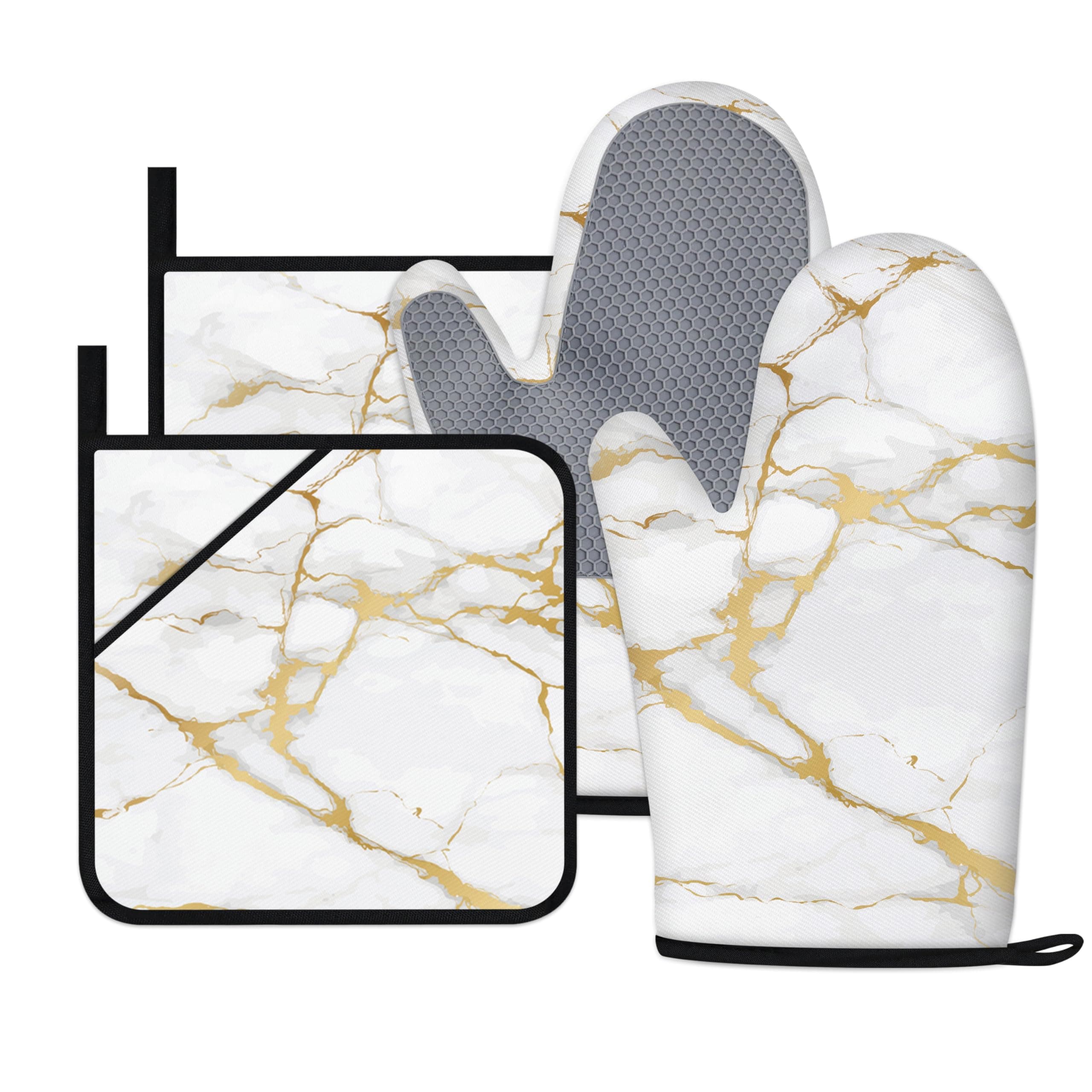 Oven Mitts and Pot Holders Sets White Gold Marble Kitchen Accessories of 4 Heat Resistant Oven Gloves Hot Pads with Non-Slip Silicone Surface for Chef Cooking Baking