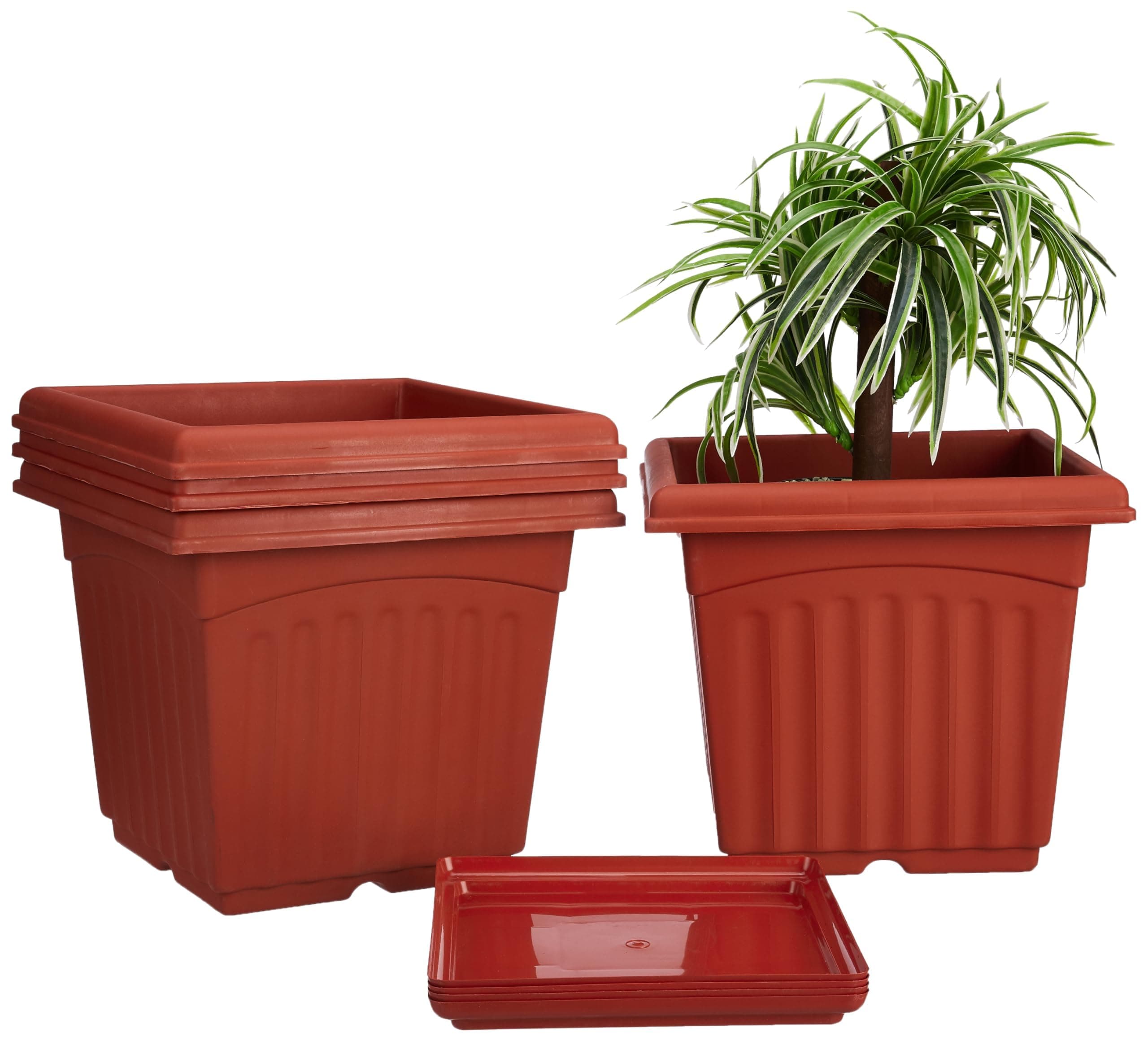 Amazon Brand - Solimo Square Pots for Plants with Bottom Tray|Unique Design|UV Treated Plastic|Indoor and Outdoor Flower Pot for Home/Office/Table/Garden/Balcony|14 inch (Set of 4, Brown)