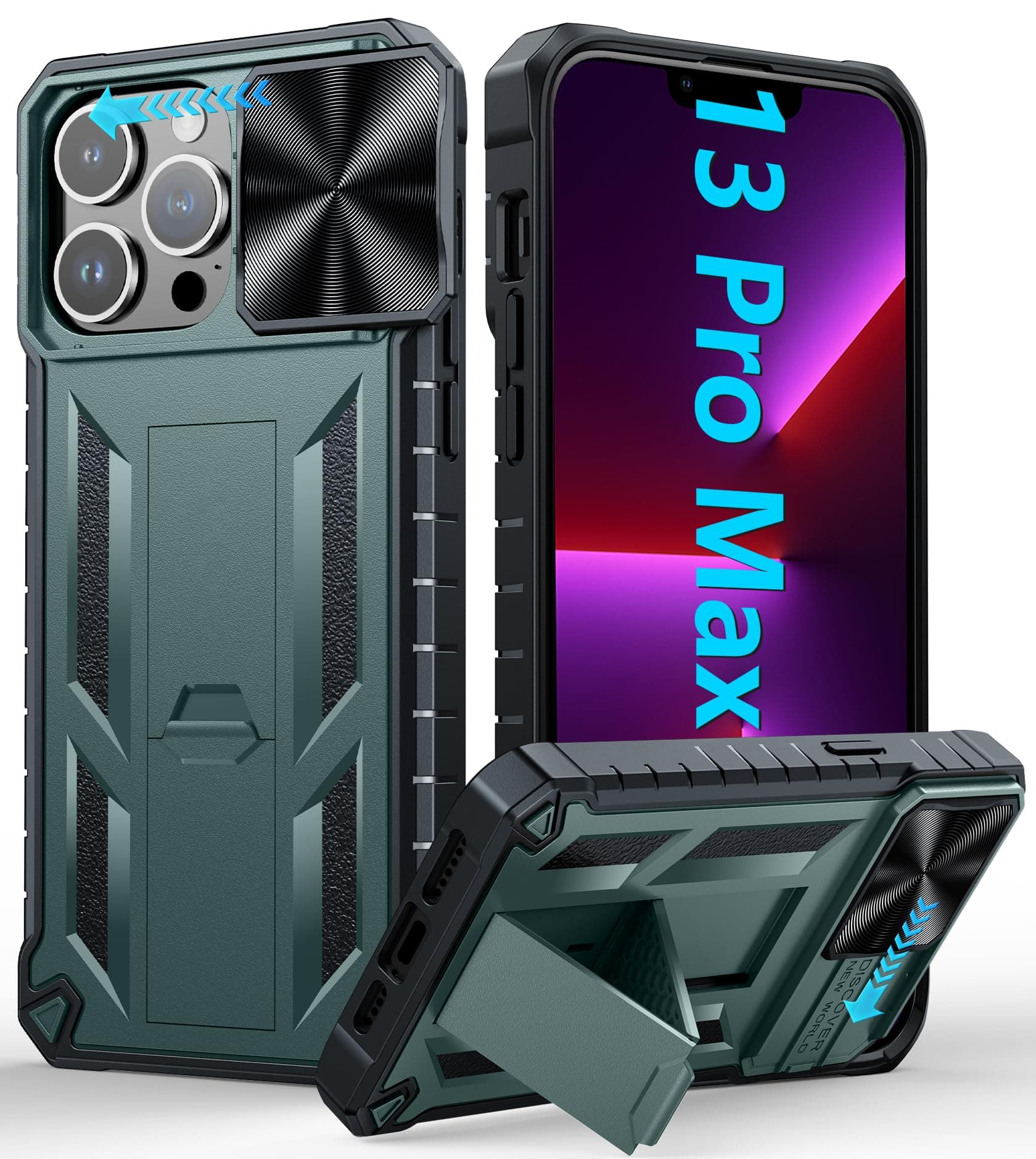 SOiOS for Dark Green Phone Case for iPhone 13-Pro-Max Cell Phone Cover | Military Grade, Dropproof, Protective, with Kickstand, Slider, Rugged, Heavy Duty, Protection, Phonecase
