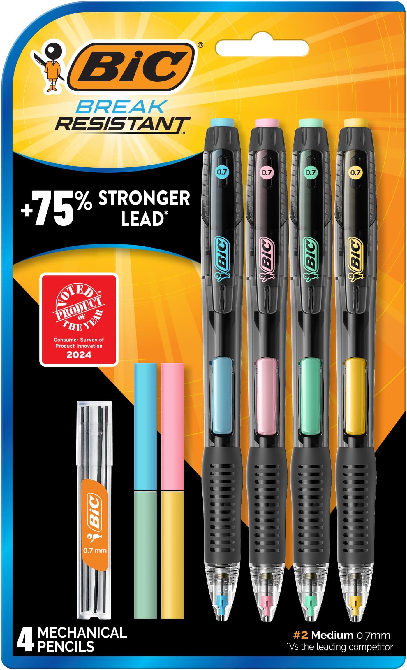 Break Resistant Mechanical Pencils with Erasers, No. 2 Medium Point (0.7mm), 4-Count Pack Pencils for School or Office Supplies, Lead and Eraser Refills