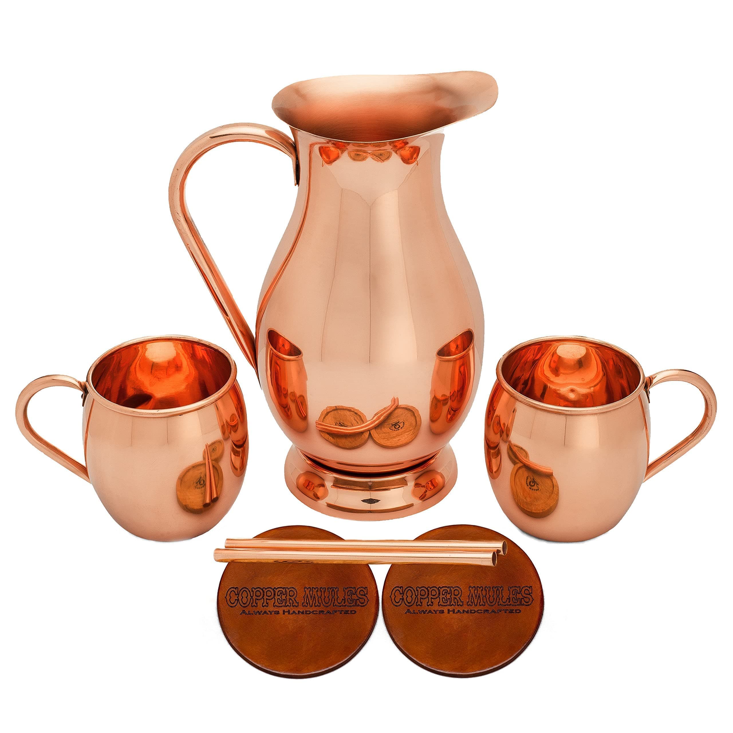 Elegant Copper Pitcher (70oz) with lid and Copper Mugs Set - Handcrafted by Highly Experienced Artisans