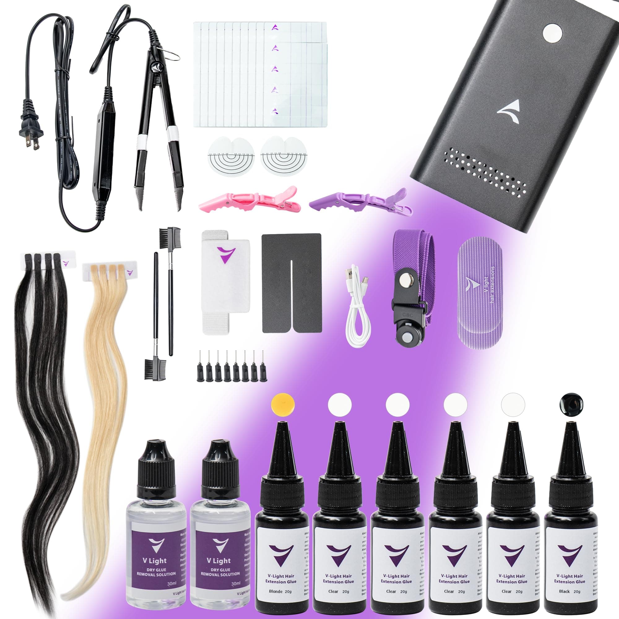 V-Light Hair Extensions Kit with UV Lamp, Fast-Curing Glue, Remover & Accessories – Professional Salon & DIY Hair Extension Tool for Tape-in, Bundle & Reusable Extensions