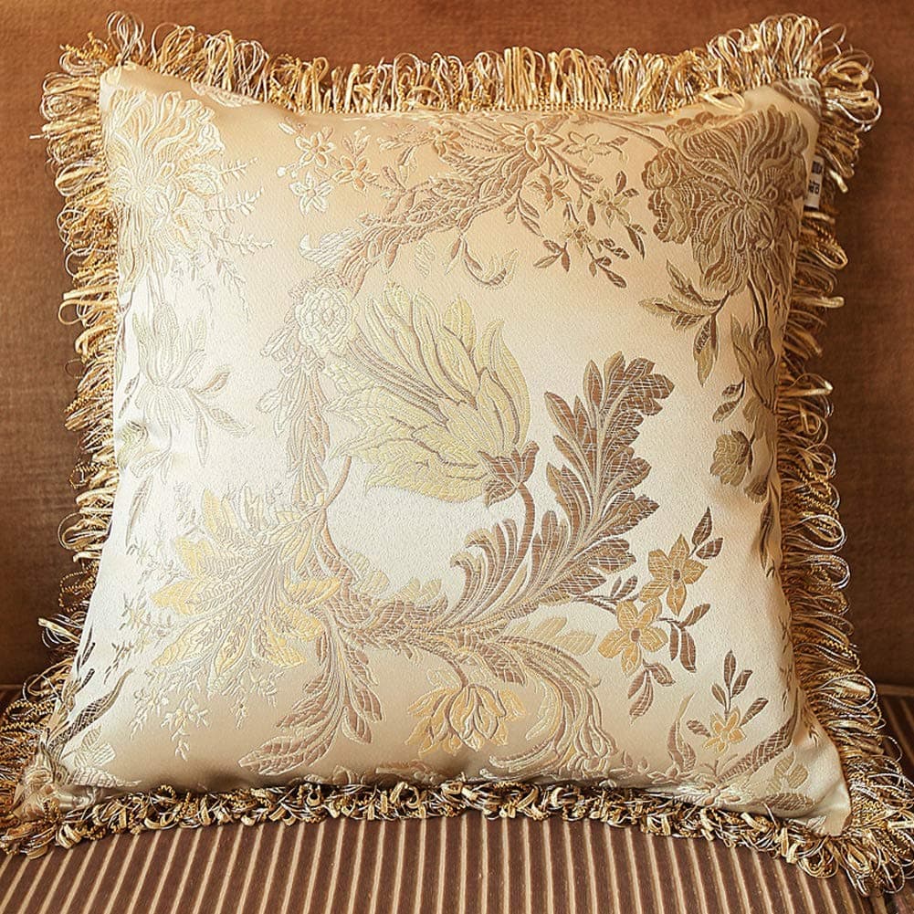 Square Pillowcase for Sofa, Bed or Car, 22 x 22 Inches Soft Satin Champagne Color Pillow Cover, Floral Pattern Tassels Pillowslip