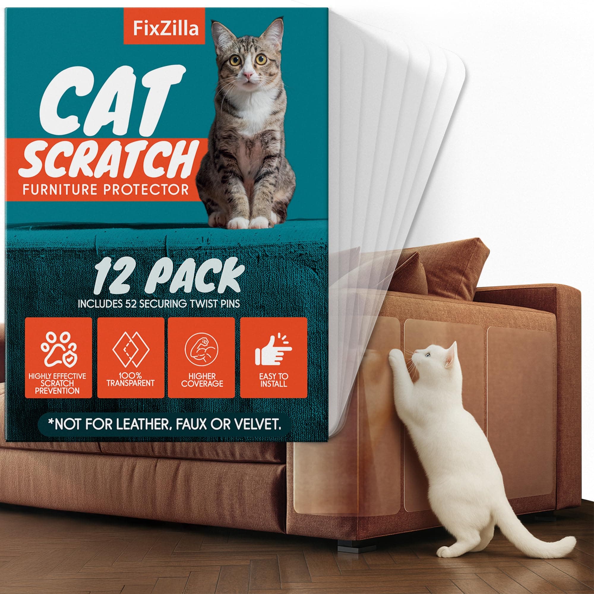 Anti Cat Scratch Furniture Protector, 12-Pack Couch Protector from Cat Claws – Heavy-Duty, Easy-to-Apply Scratching Deterrent and Shield for Sofa Corners, Walls, Doors- with 52 Twist Pins