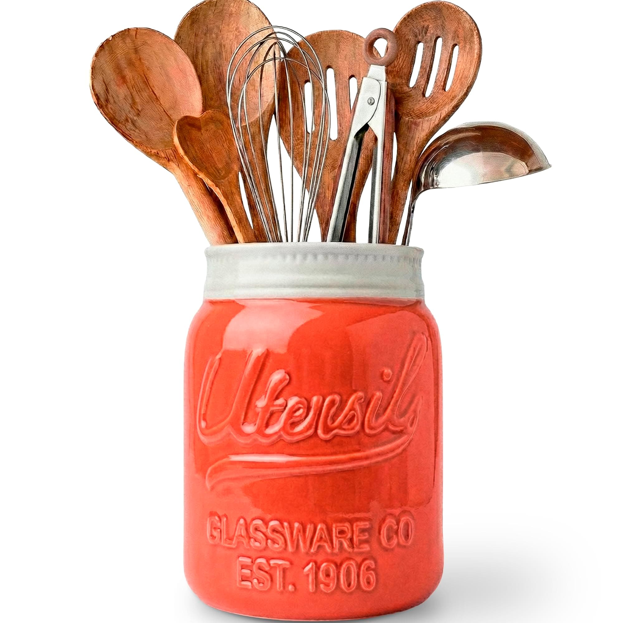 Comfify Large Opening Mason Jar Utensil Holder Jug Decorative Kitchen Equipment Organizer, Dishwasher Safe - Coral, Large Size Tall 7"