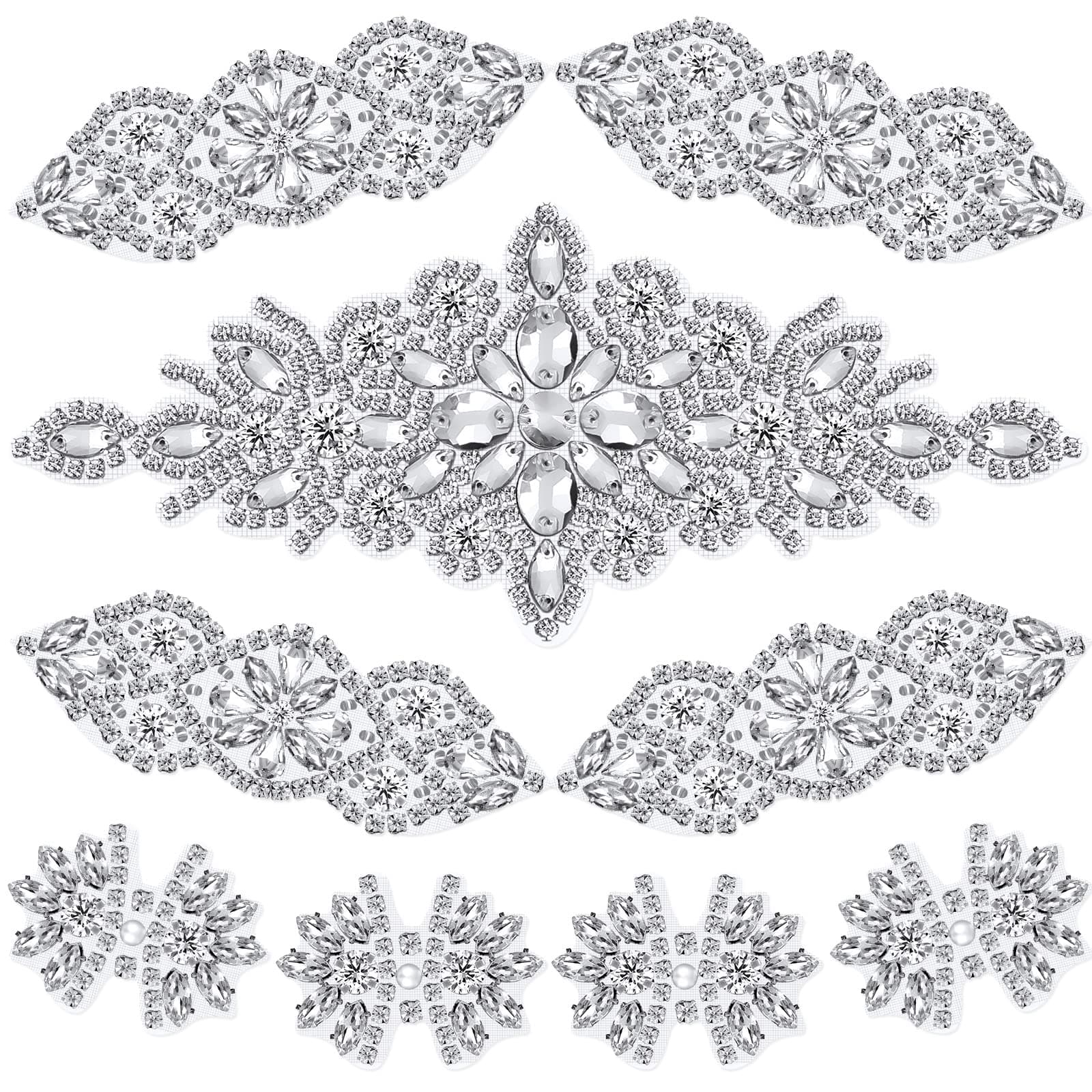 9 Pcs Rhinestone Applique Iron on Patch 3 Style Rhinestone Hot Fix Applique Wedding Hair Appliques for Bridal Wedding Dress Clothing Sash Crystal Belt Sewing Appliques for Shoes(Silver)