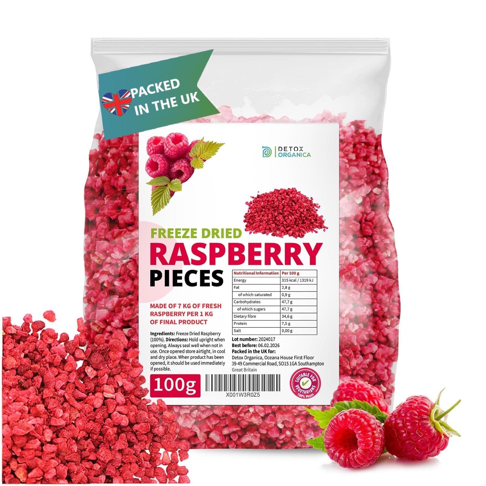 Freeze Dried Raspberry Pieces 100g - Freeze-Dried Fruit Bits PREMIUM - 100% Natural, No Added Sugar Raw Dry Raspberry Pieces for Yogurt, Porridge, Oat, Baking, Cake Decorations