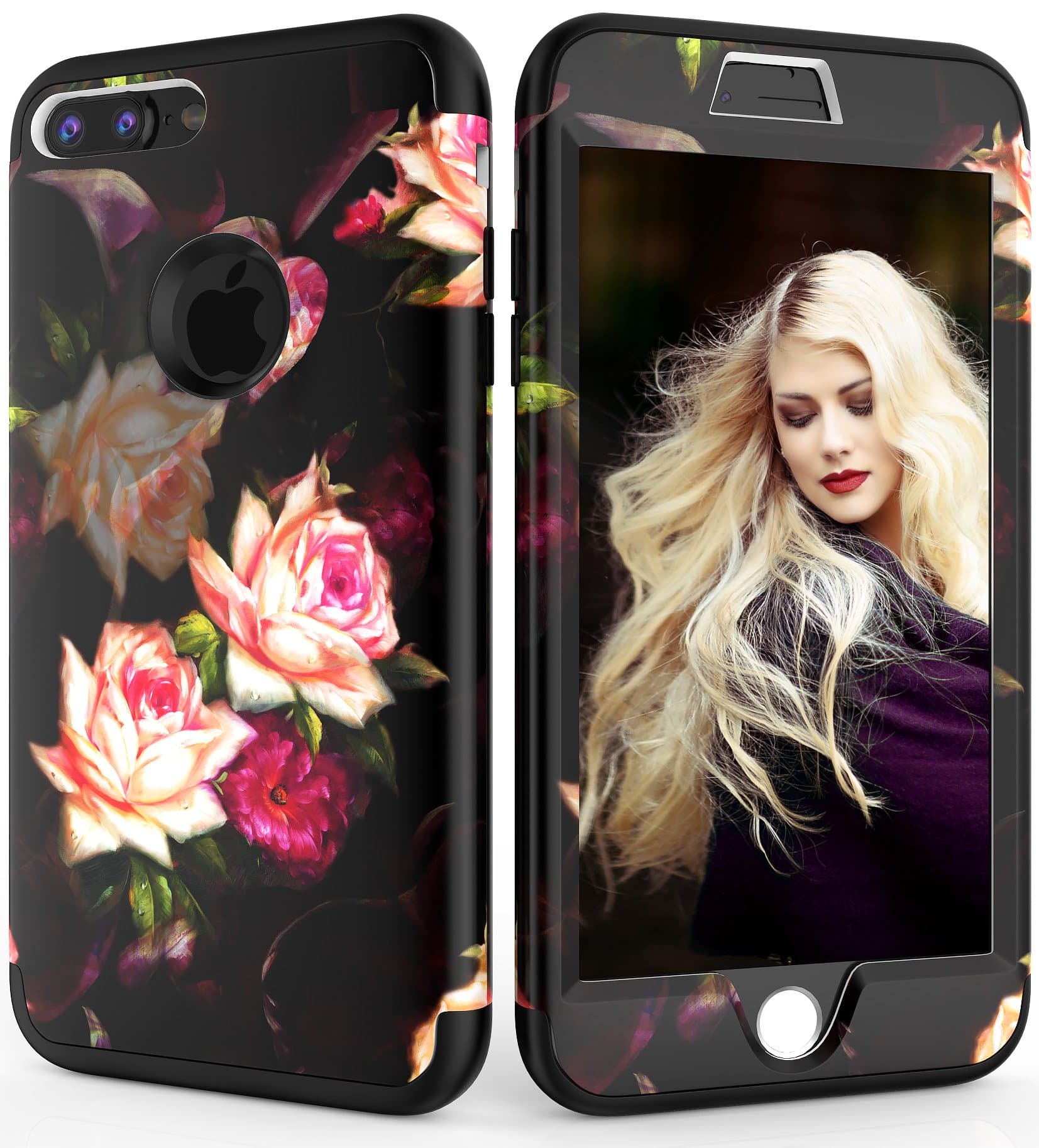 iPhone 7 Plus Case, iPhone 8 Plus Case，ADCOOG [Flower] Three Layers Heavy Duty Case Girls/Women Hybrid Protective Floral Case iPhone 7 Plus,iPhone 8 Plus (Black+Peony)