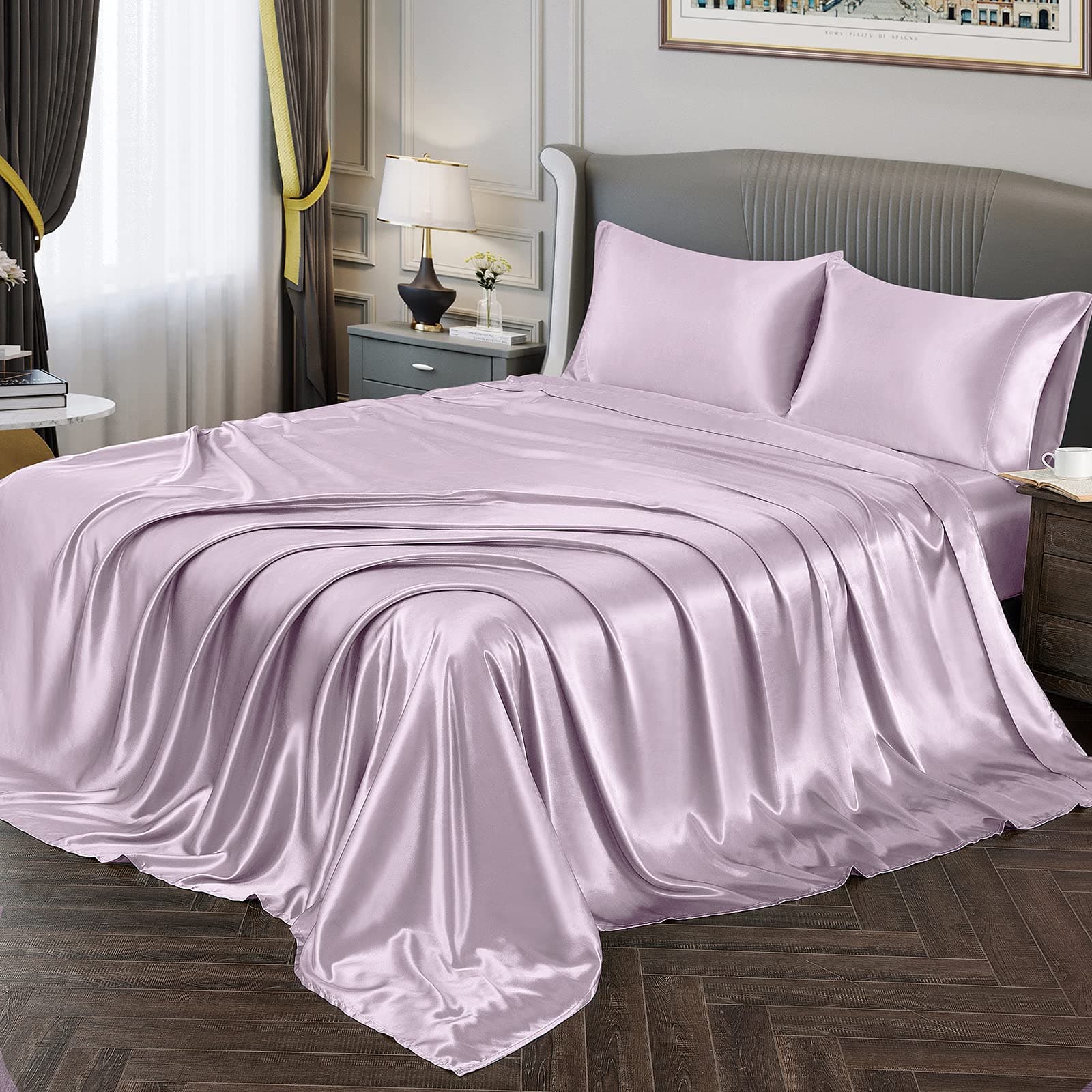 Vonty Satin Sheets Full Size Silky Soft Satin Bed Sheets Luxury Lavender Sheet Set, 1 Deep Pocket Fitted Sheet + 1 Flat Sheet + 2 Pillowcases