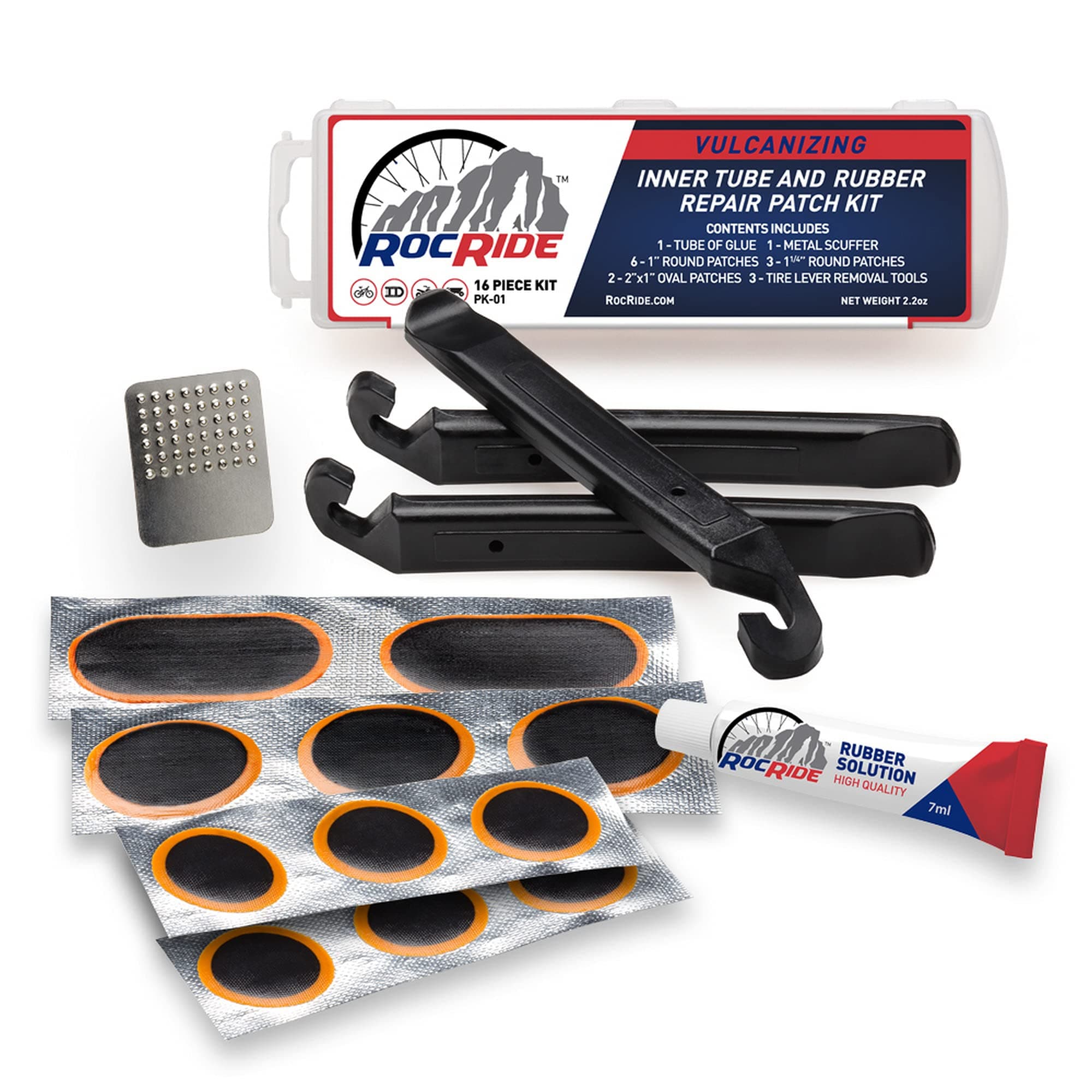 RocRide 16-PC Inner Tube Patch Bicycle Repair Kit. Also for Inflatable Dinghies, ATVs, BMX and Motorcycles.