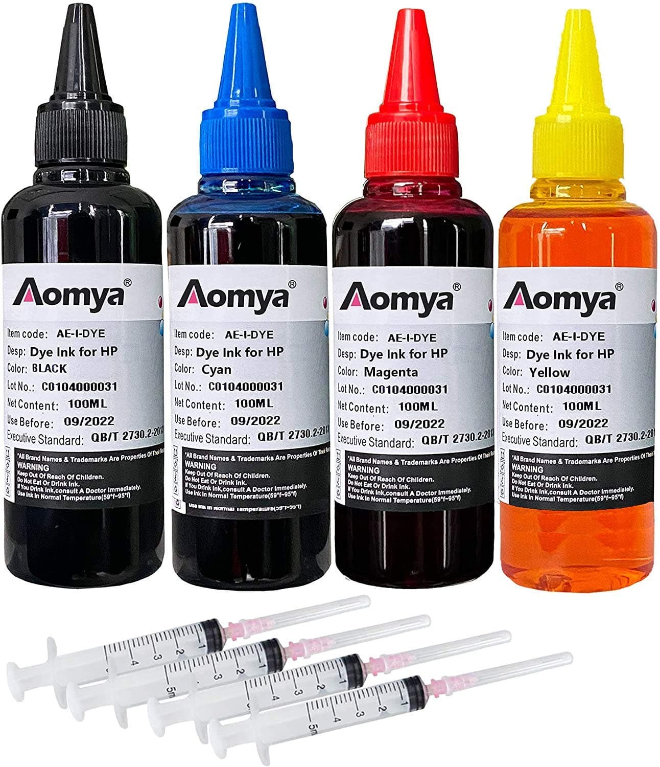 Aomya Refill Ink Kit 100ml for HP 61 60 62 63 950 951 564 920 901 Inkjet Printer Cartridges for Refillable Ink Cartridges or CIS CISS System 4 Color Set with 4 Free Syringes
