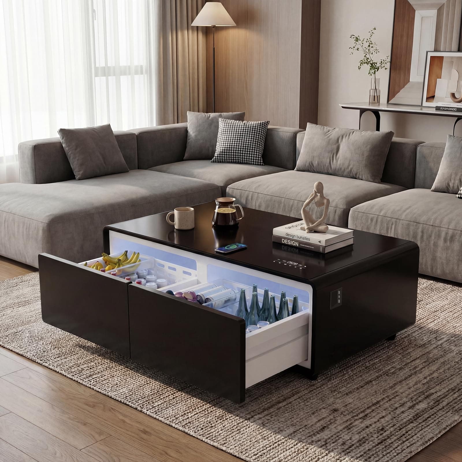 LIVTAB Smart Coffee Table, 27.8" D x 51" W x 18.1" H, Living Room Table with Built in Fridge and Speakers, Smart Table with 15W Wireless Charging, USB Chargers and 110V Outlets (Black)