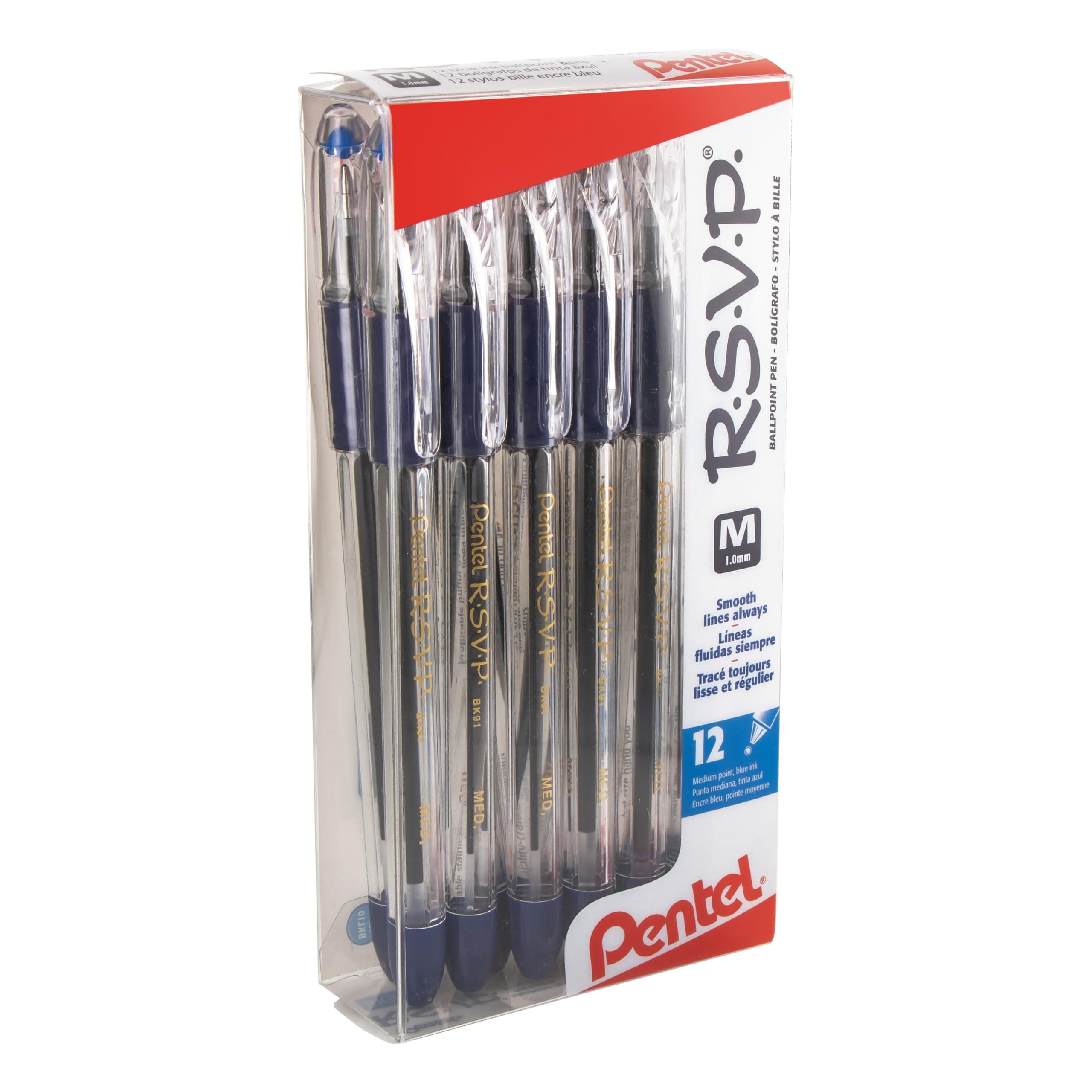 Pentel R.S.V.P. Ball Point Pen, Medium Line, Blue Ink, 12 Pack (BK91PC12C)