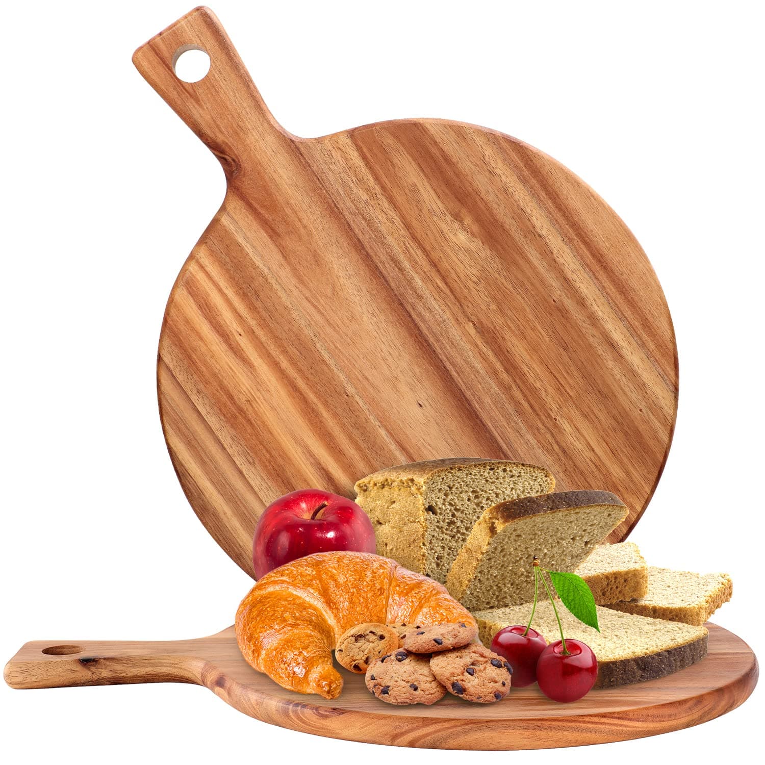 PREMIUM ACACIA Wood Cutting Board with Handle (16"x12") Rectangular Acacia Wooden Kitchen Chopping Boards for Meat, Cheese, Bread, Vegetables & Fruits. (2Pcs-Round Cutting Board)