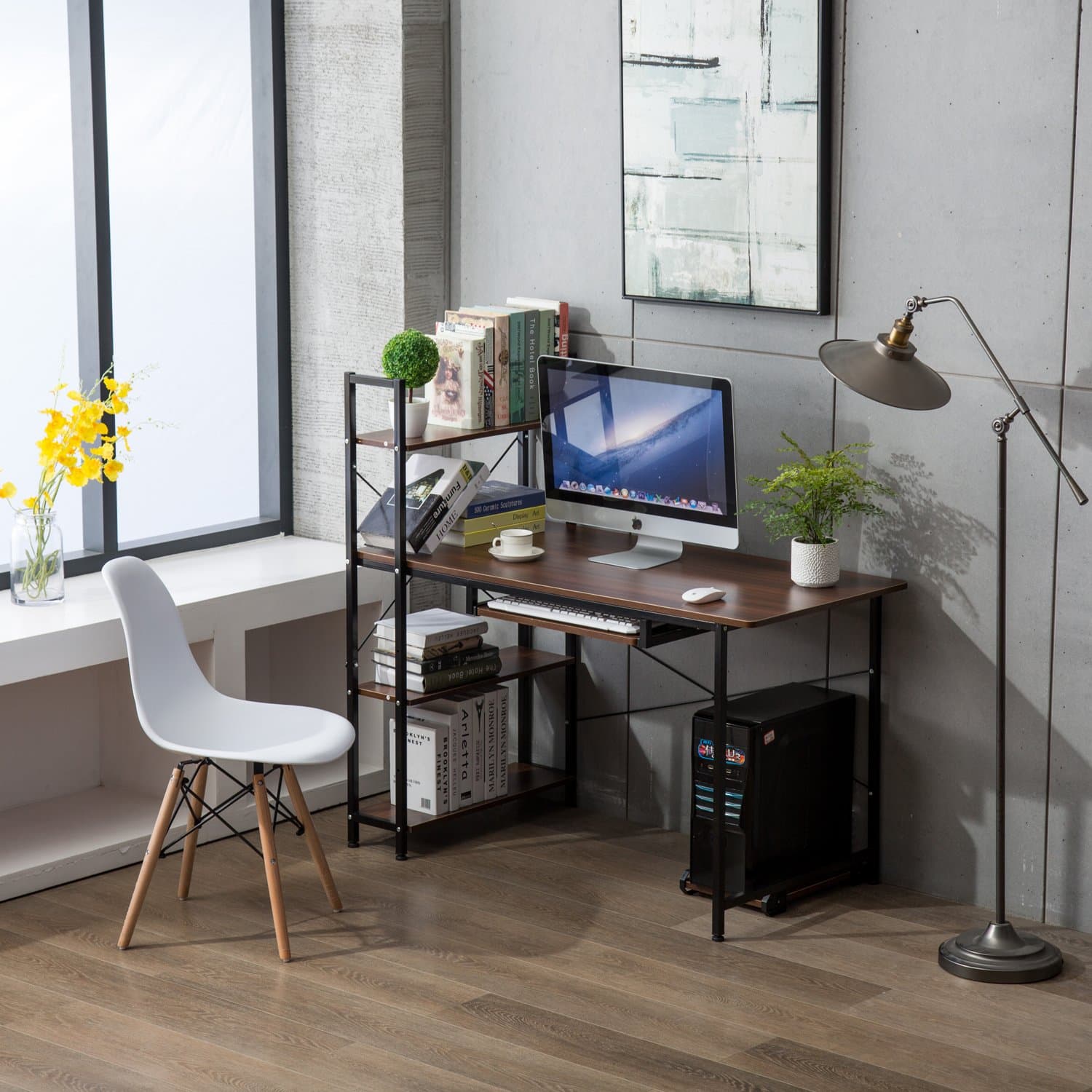 Office Desktop Laptop Computer Compact Desk with 4 Shelves, Home Study Writing Table with Storage (Teak)