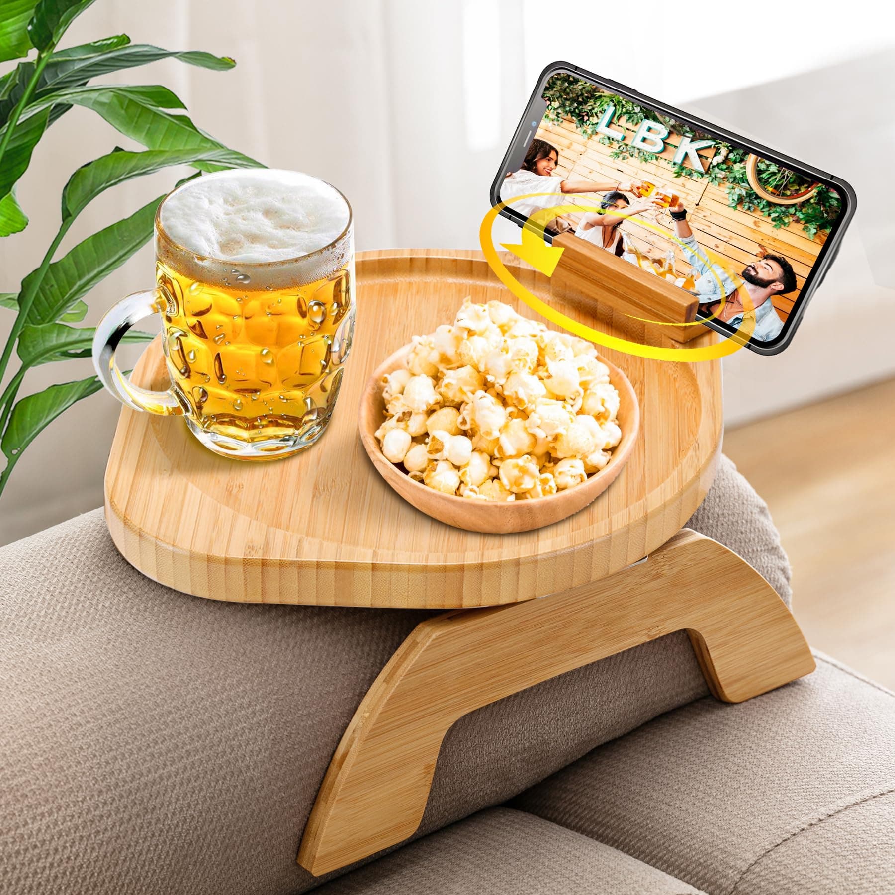 SINWANT Couch Arm Table, Bamboo Round Sofa Clip on Tray with 360° Phone Holder,Foldable Couch Armrest Table Eating on Chair Recliner for Snack Drink
